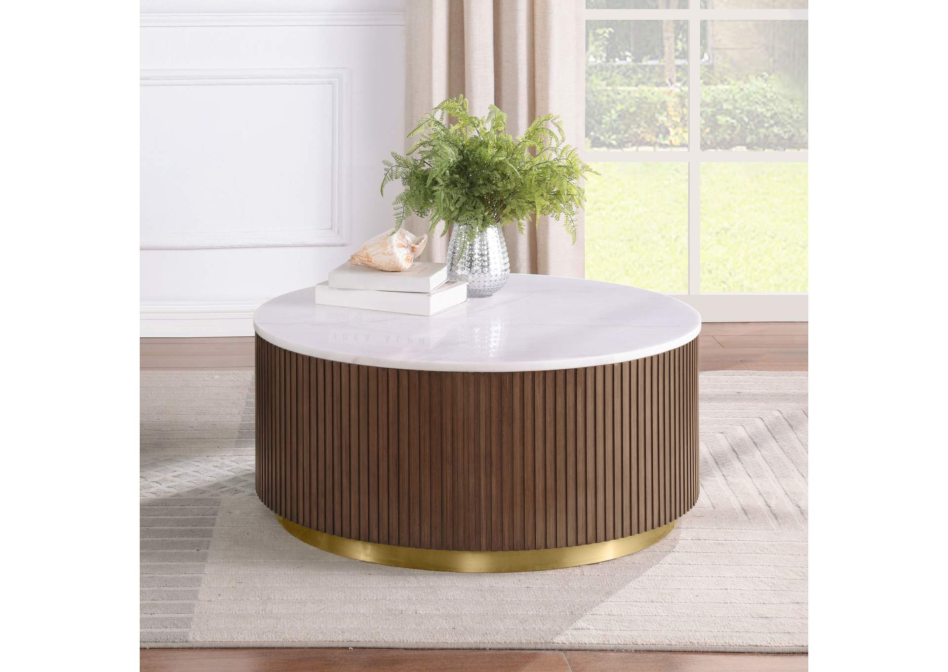 Jason Round White Marble Top Coffee Table Honey Brown image 3