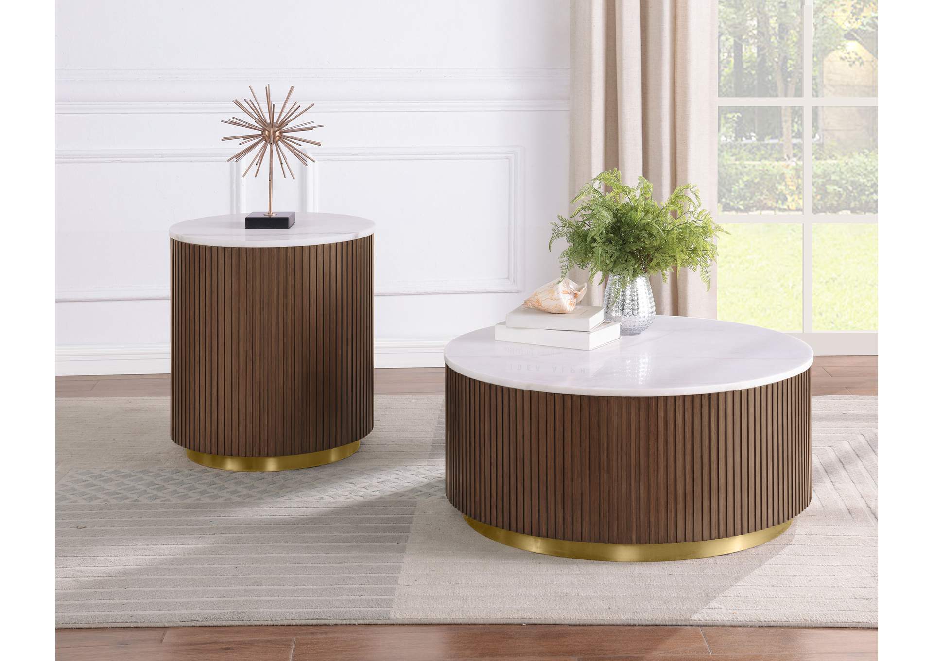 Jason Round White Marble Top Coffee Table Honey Brown image 8