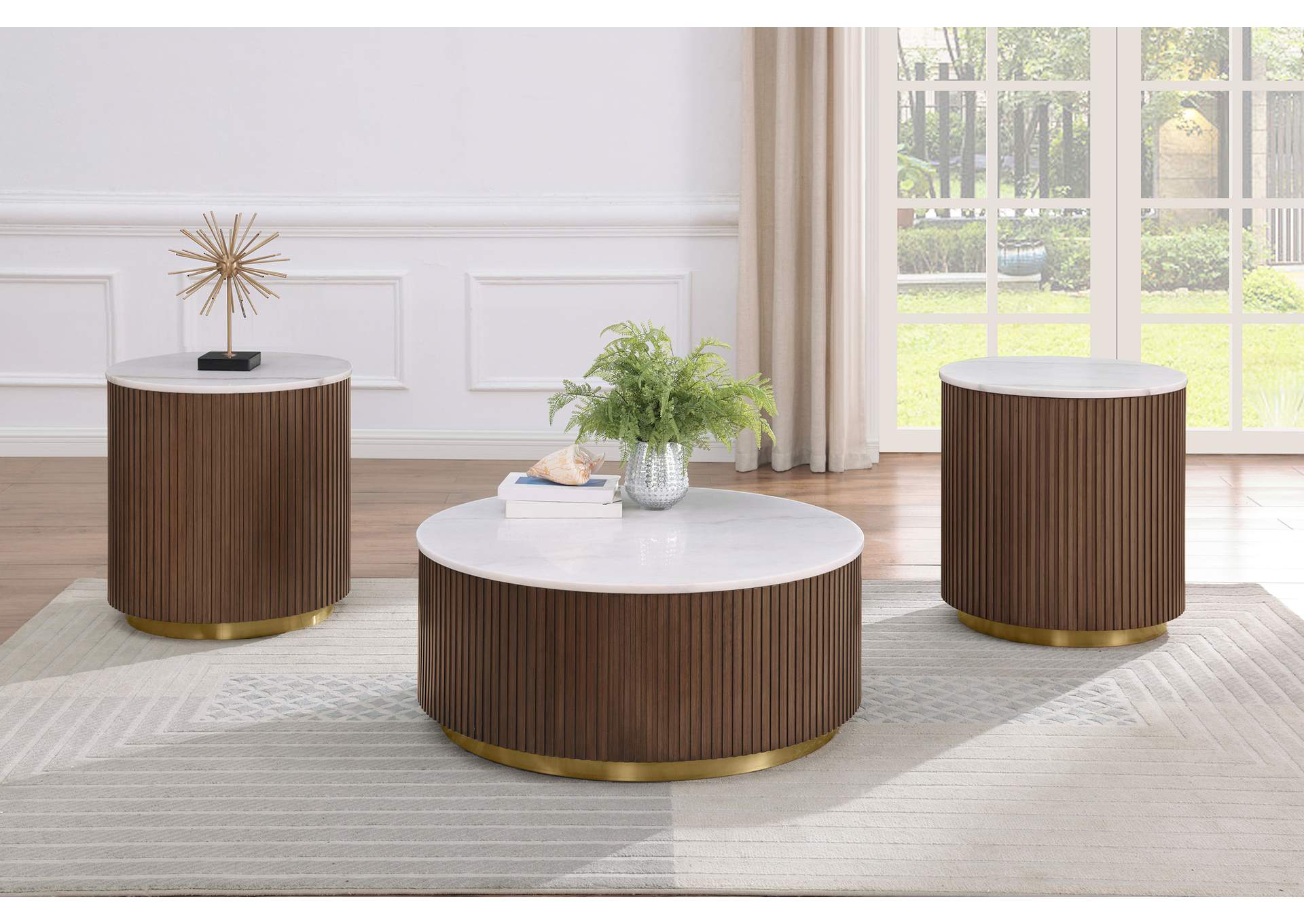 Jason Round White Marble Top Coffee Table Honey Brown image 9