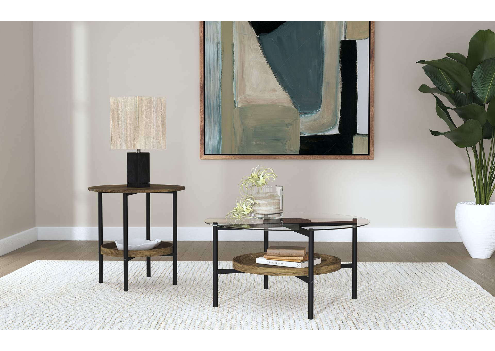 Delfin Round Glass Top Side End Table Black and Brown