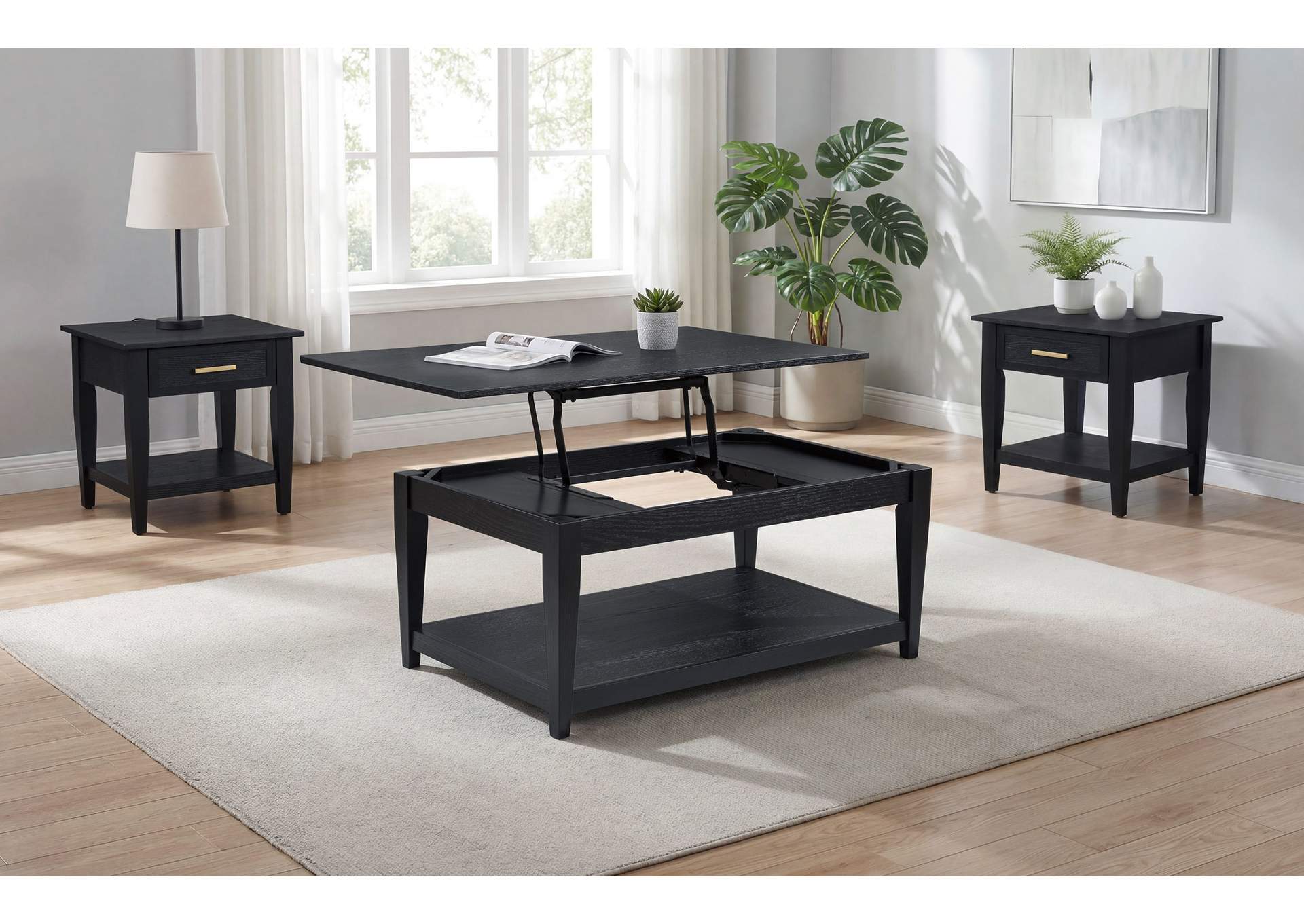 Lindenton 3-piece Wood Lift-Top Coffee and End Table Set Black image 1