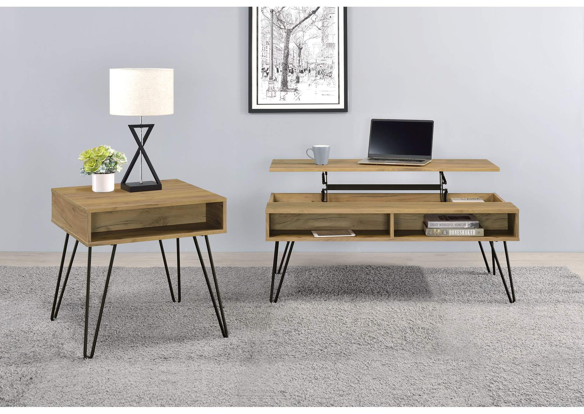 Fanning 2-piece Lift Top Coffee and End Table Set Golden Oak