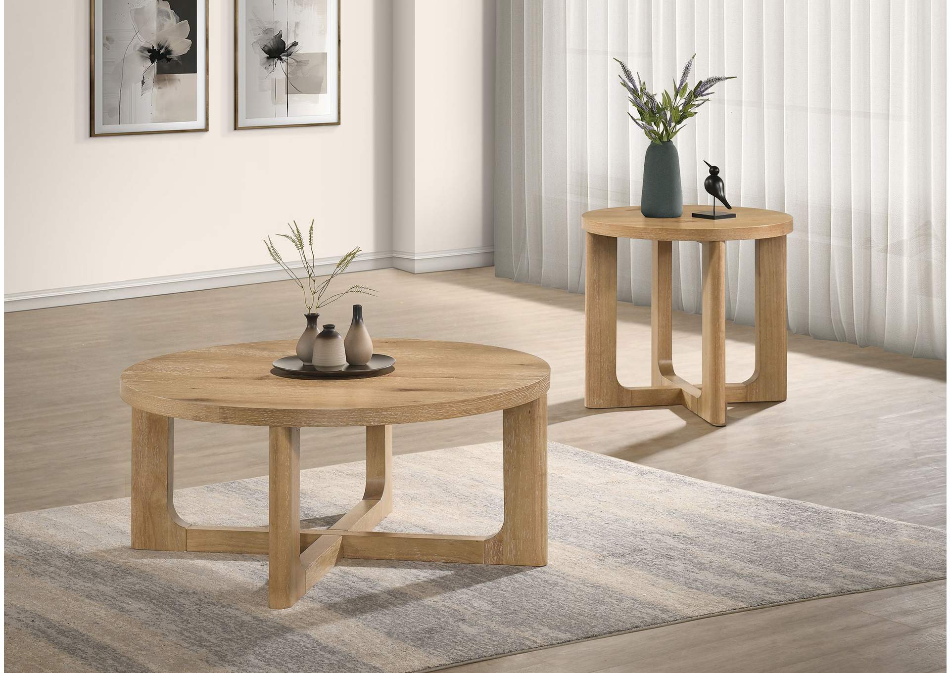Kessler 2-piece Round Sculptural Wood Coffee Table Set Light Oak image 1