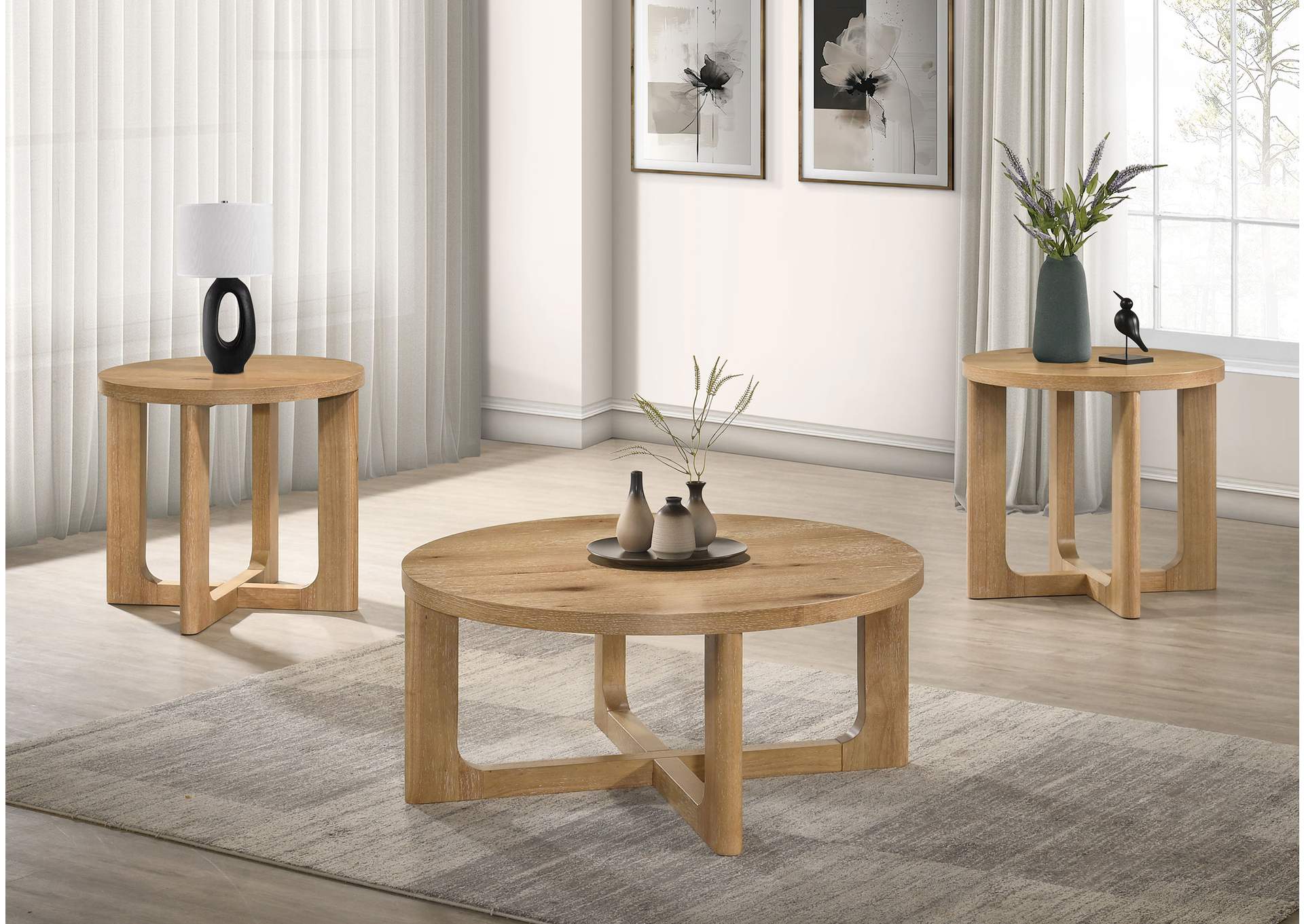 Kessler 3-piece Round Sculptural Wood Coffee Table Set Light Oak image 1