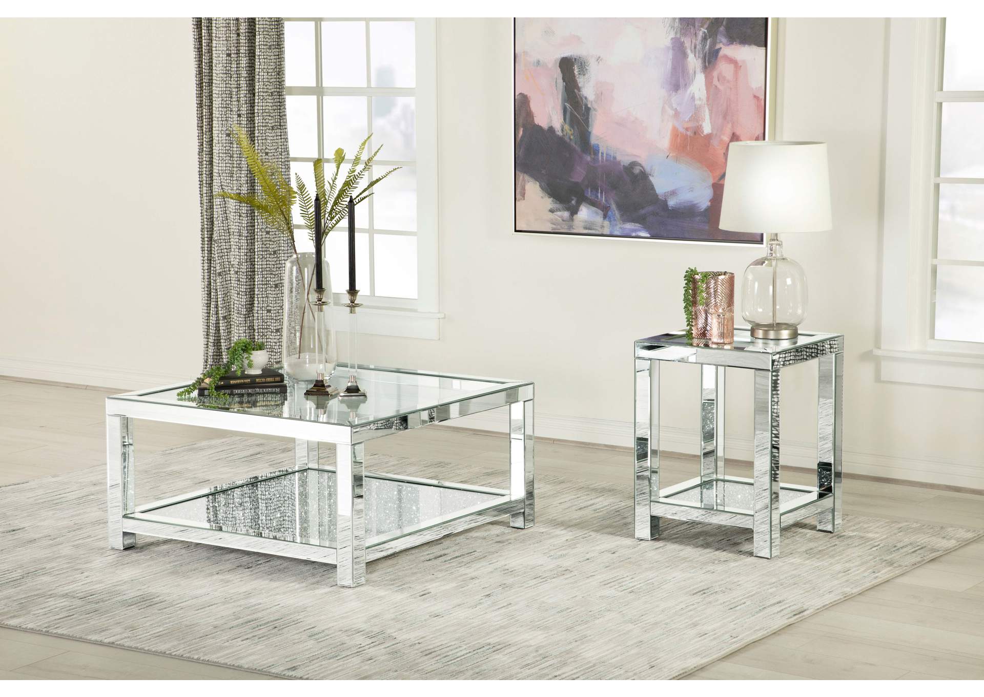 Valentina Rectangular Coffee Table with Glass Top Mirror