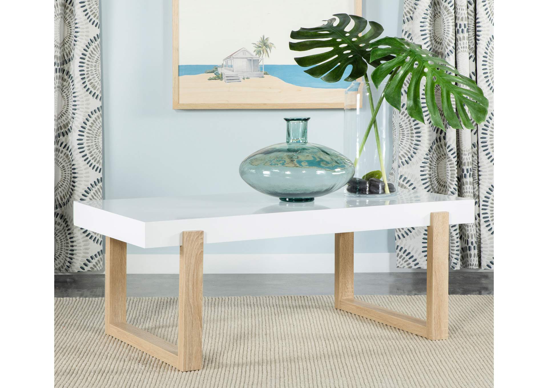 Pala Rectangular Coffee Table with Sled Base White High Gloss and Natural