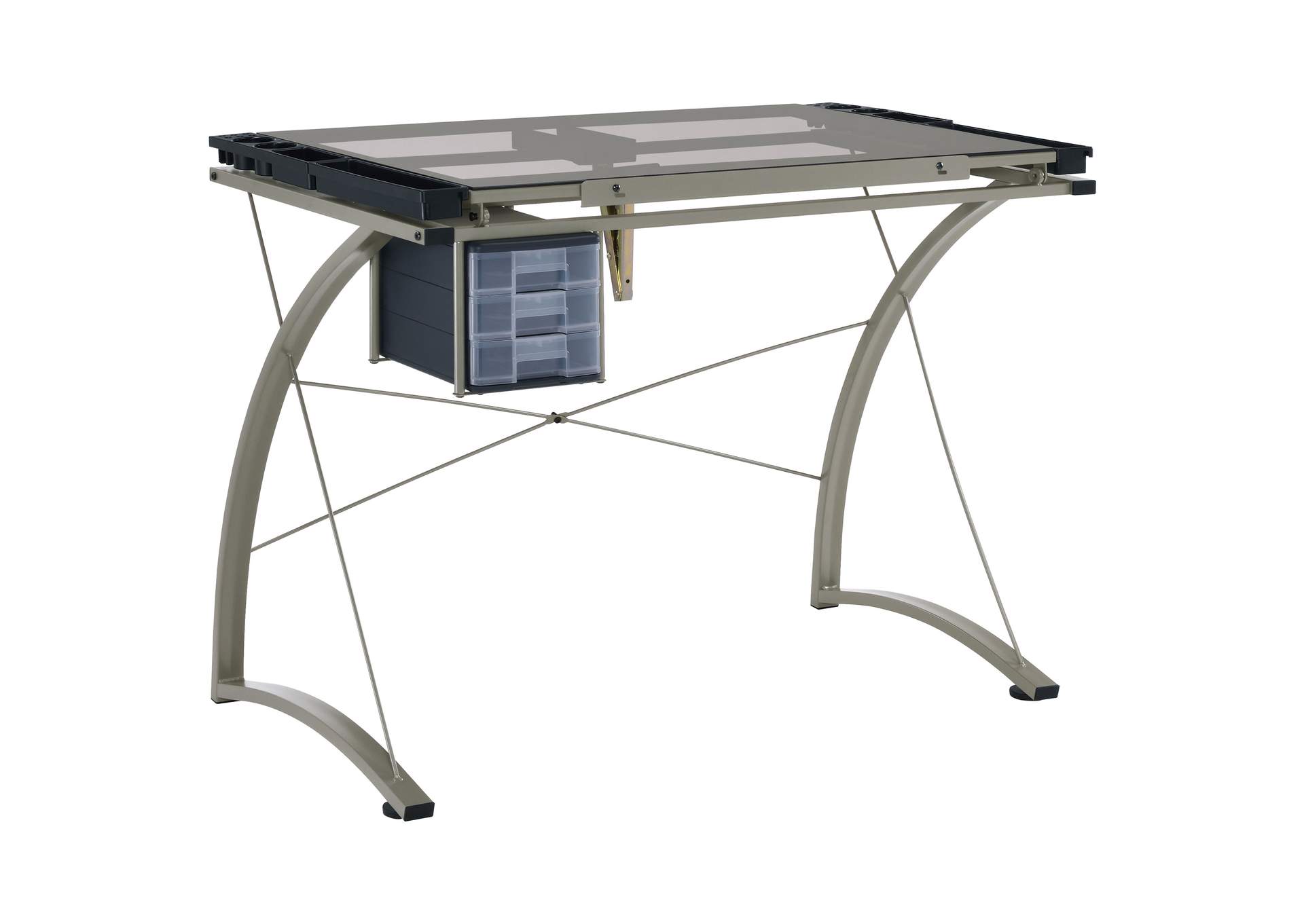 Melo 41-inch Glass Top Drafting Table with Storage Silver