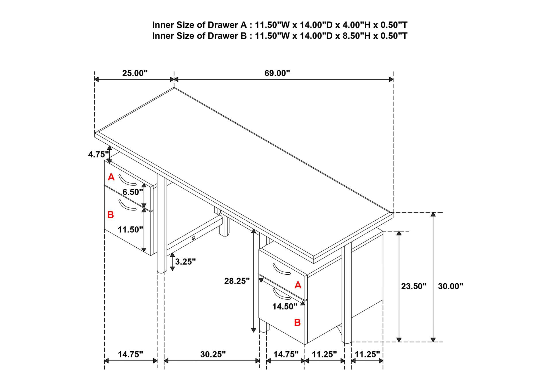 Roldan 69-inch 4-drawer Computer Desk with File Drawer Light Ash image 16