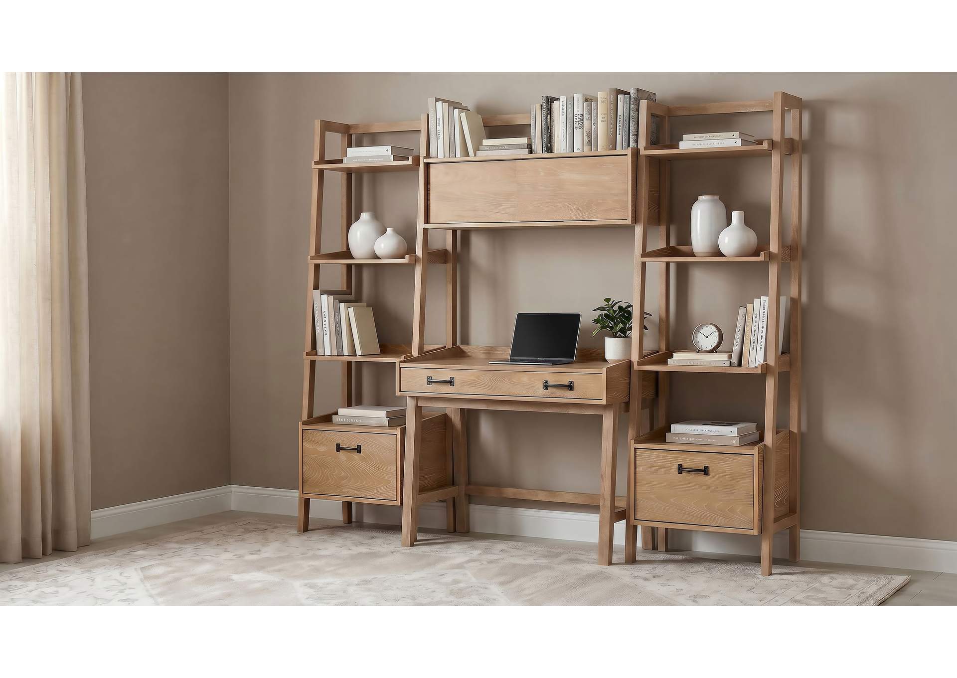 Fabian 4-piece Computer Desk and Bookshelf Set Distressed Light Brown image 3