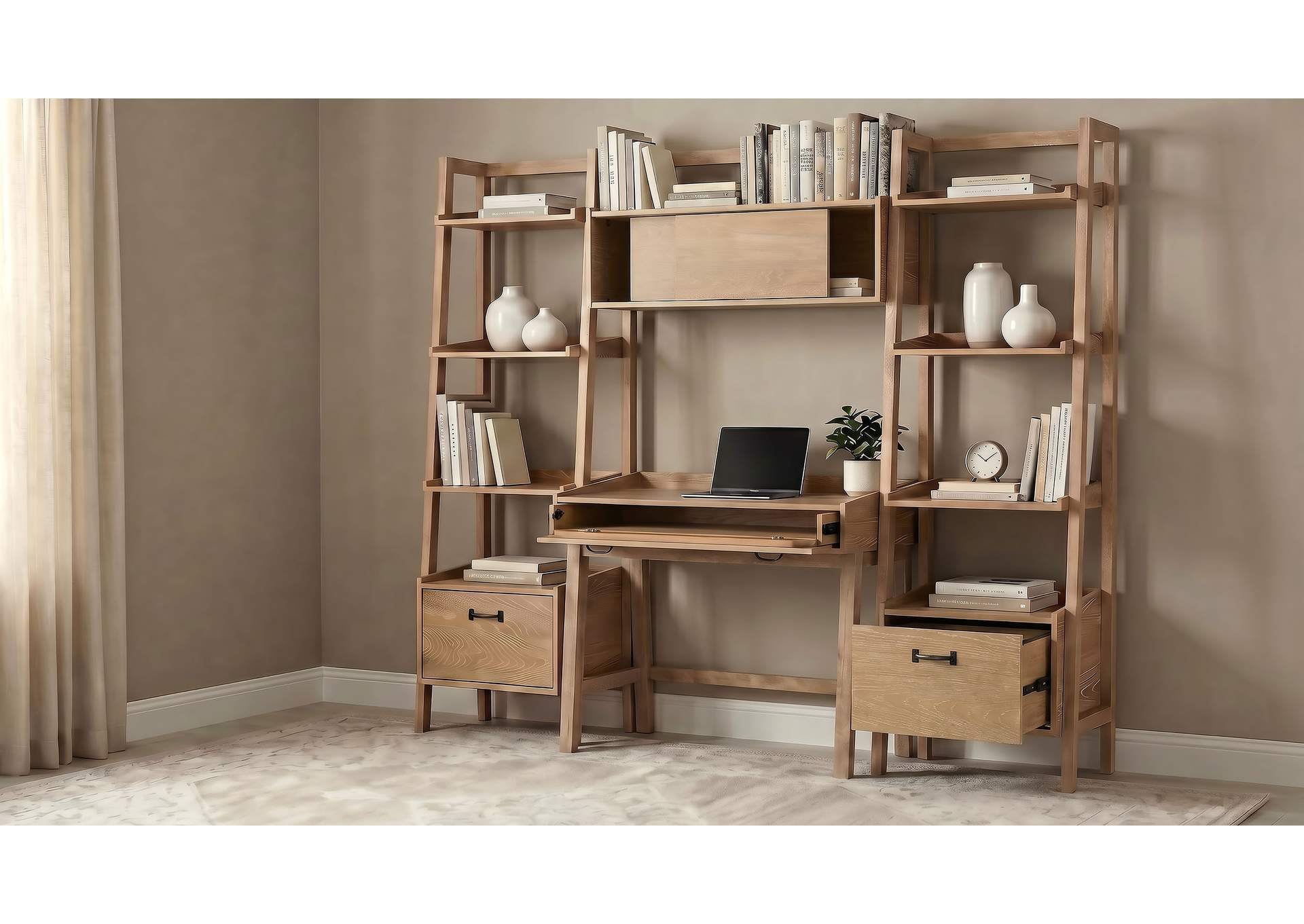 Fabian 4-piece Computer Desk and Bookshelf Set Distressed Light Brown image 4
