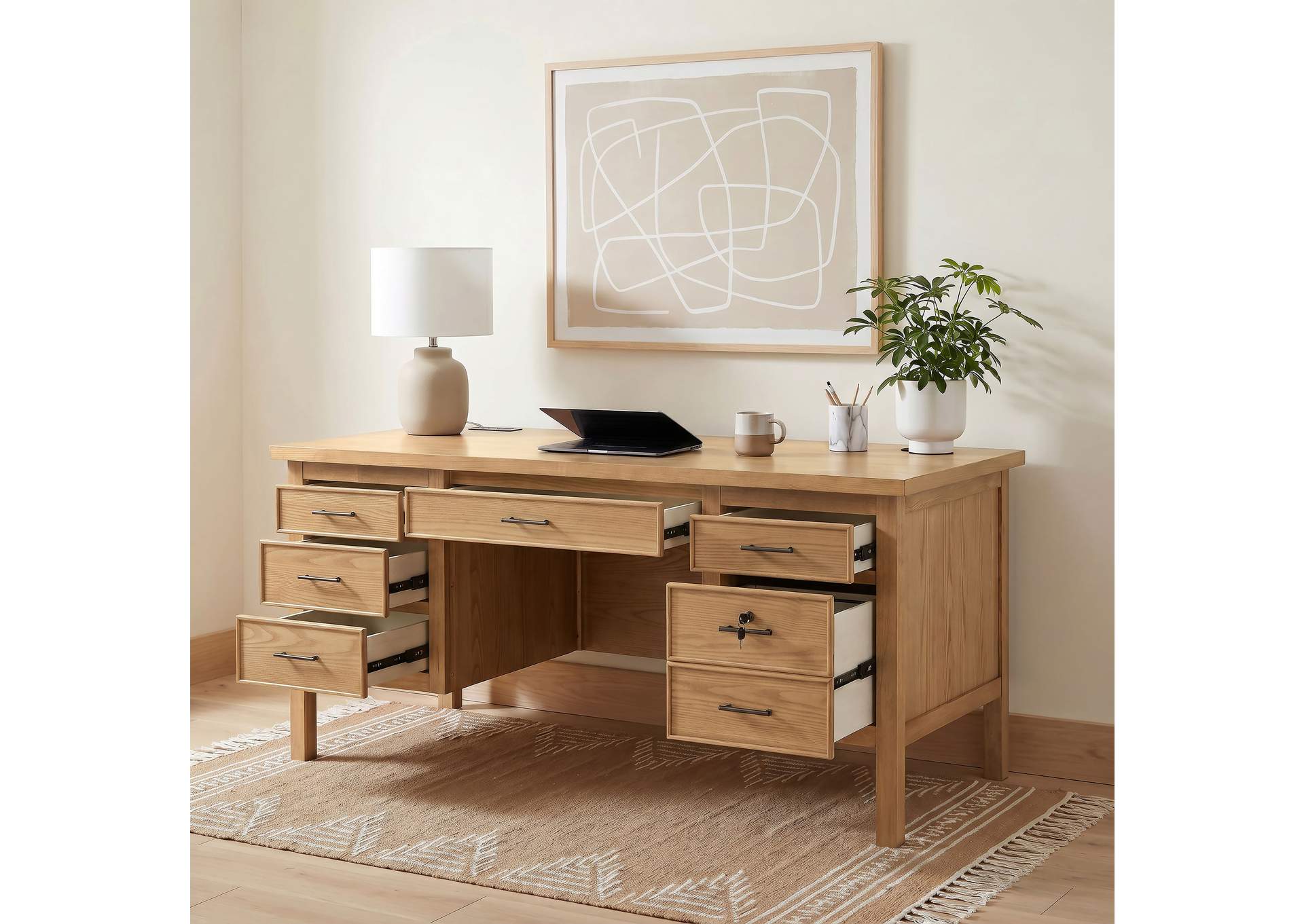 Vermes 66-inch 7-drawer Computer Desk with Power Outlet Light Ash image 1