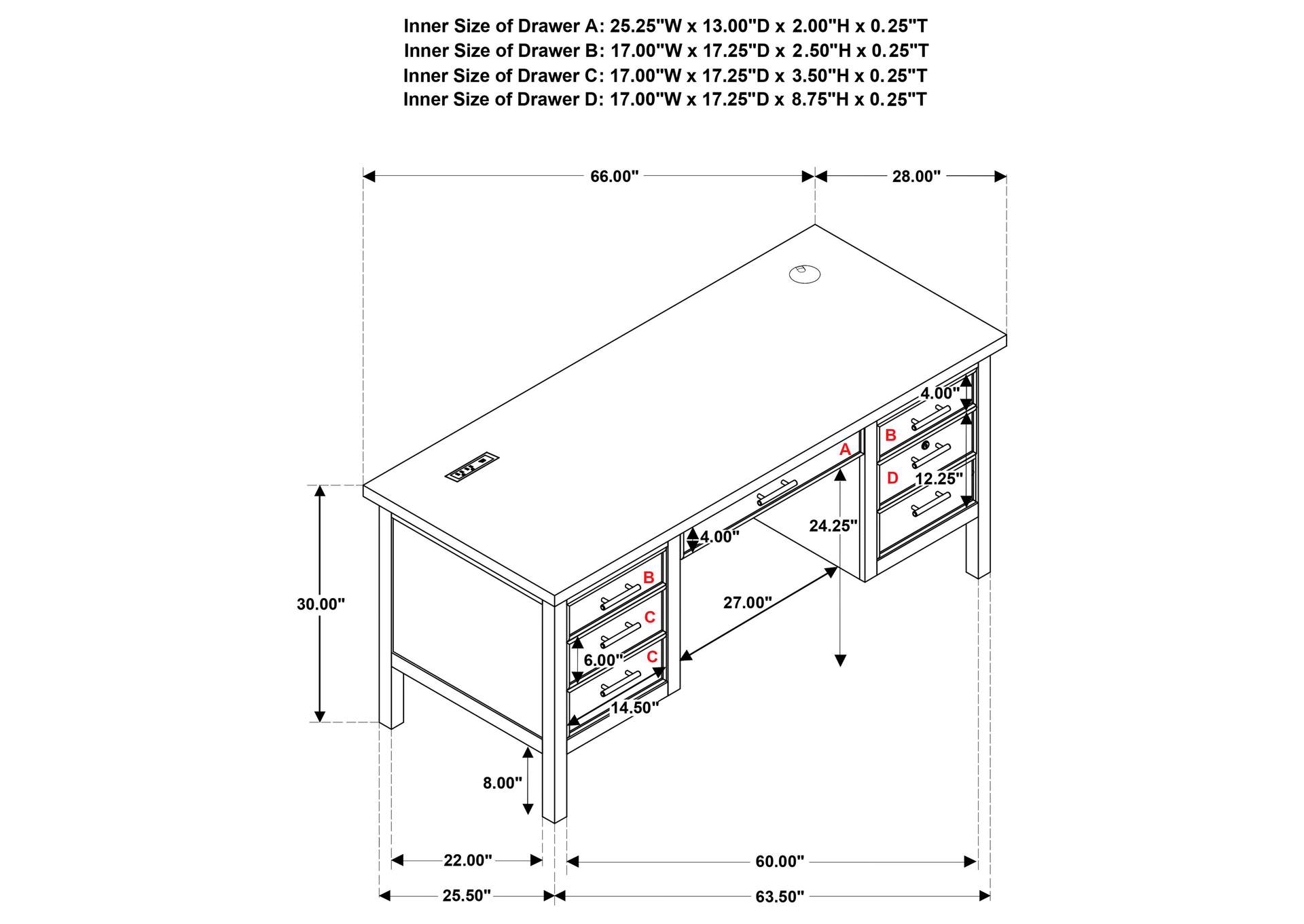 Vermes 66-inch 7-drawer Computer Desk with Power Outlet Light Ash image 6