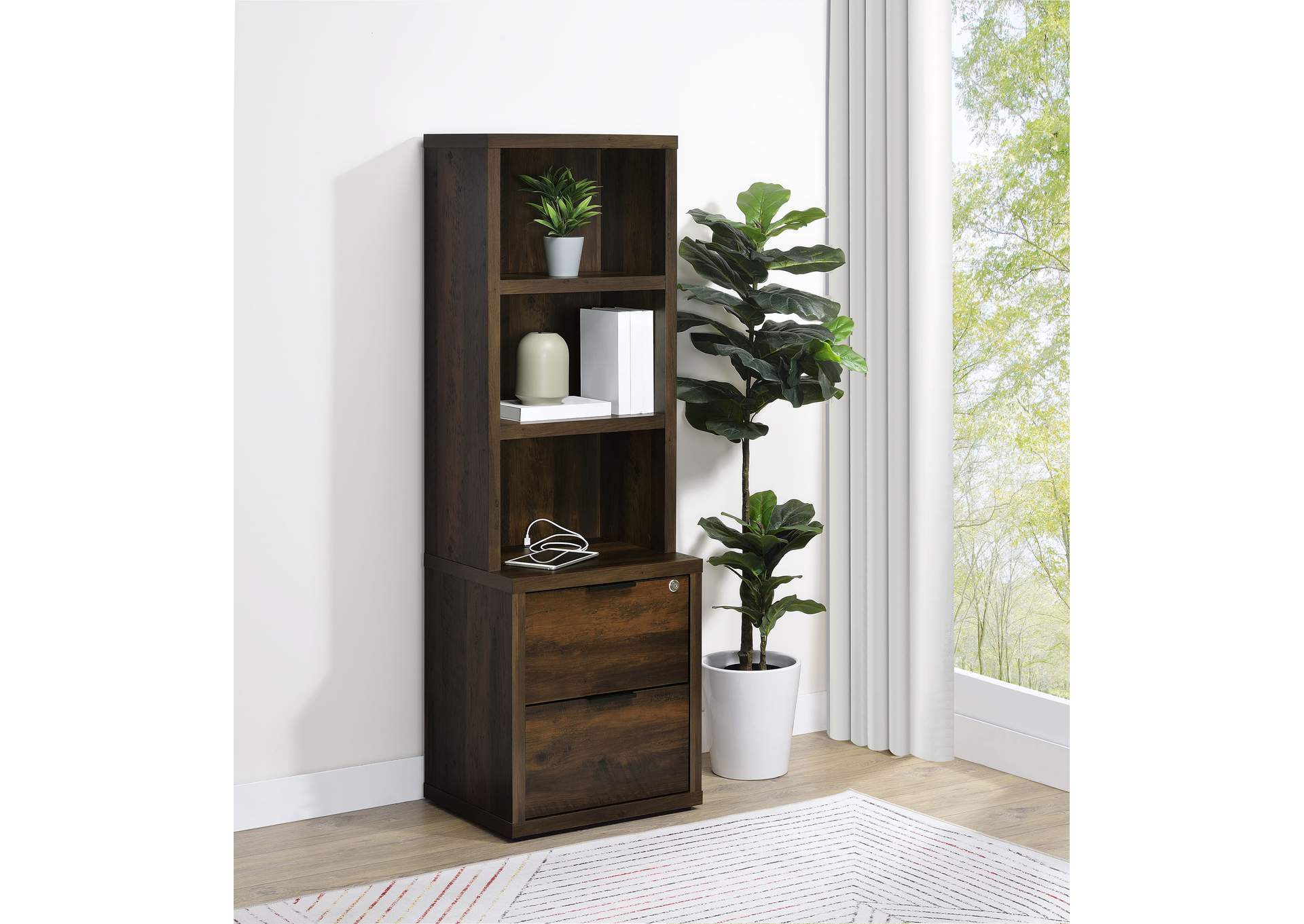 Westpark 3-shelf Bookcase USB and Lockable Drawer Dark Pine