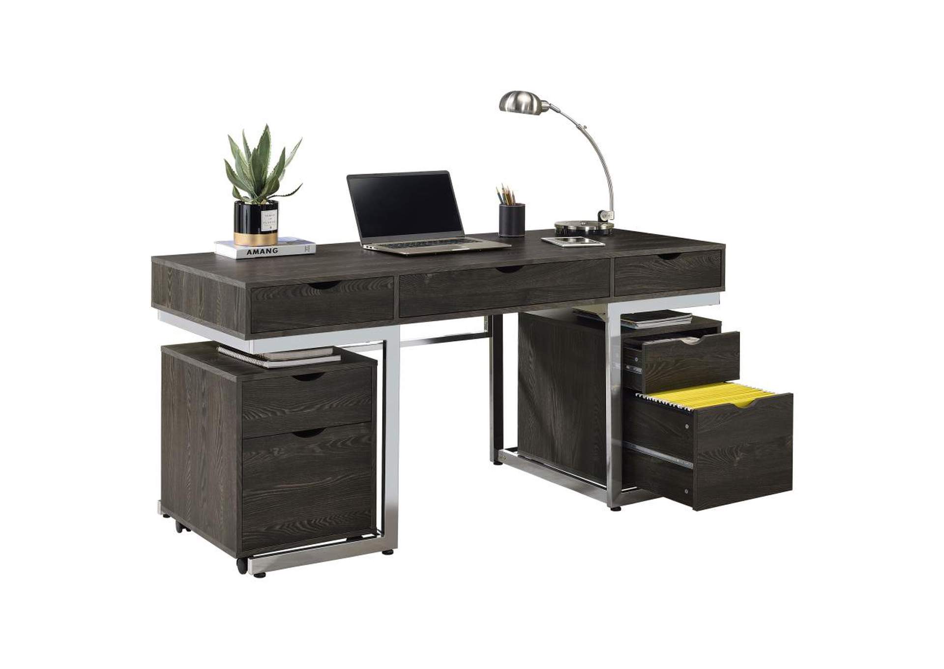 Noorvik 3-piece Writing Desk Set Dark Oak and Chrome image 3