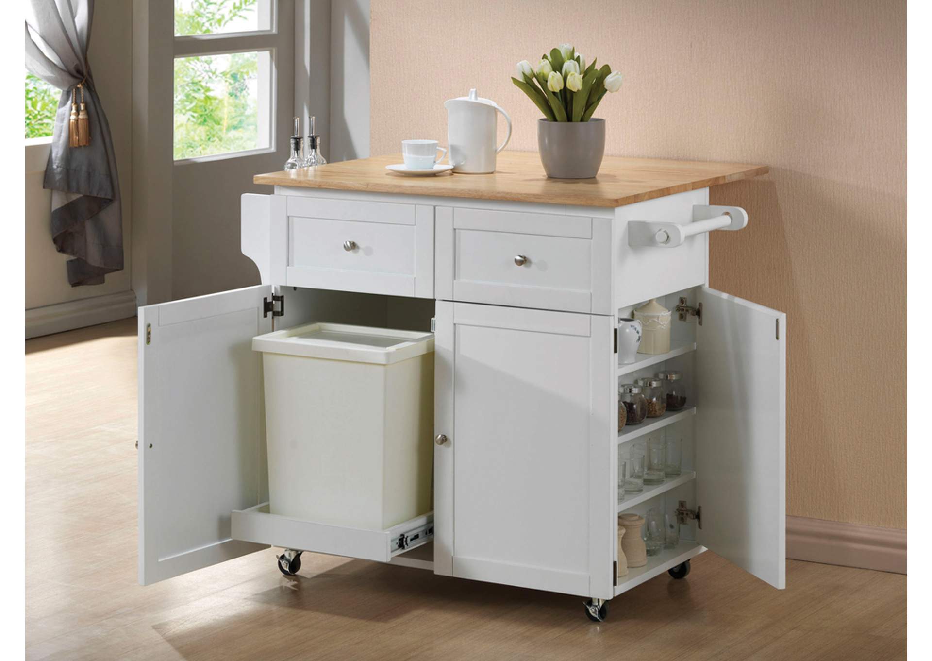 Jalen 3-door Mobile Kitchen Cart Natural Brown and White