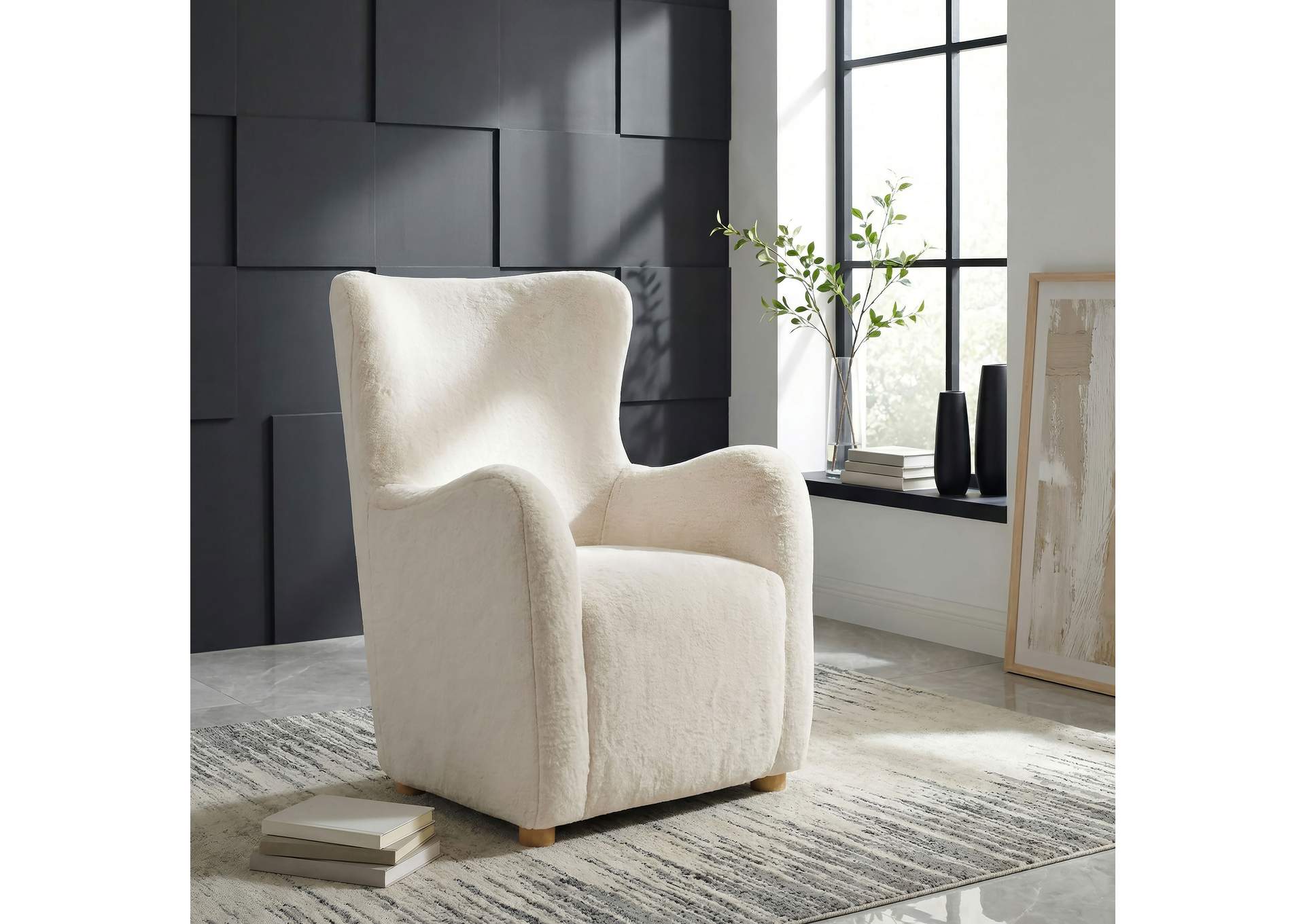 Thornton Faux Fur Upholstered Wingback Lounge Accent Chair Ivory image 3