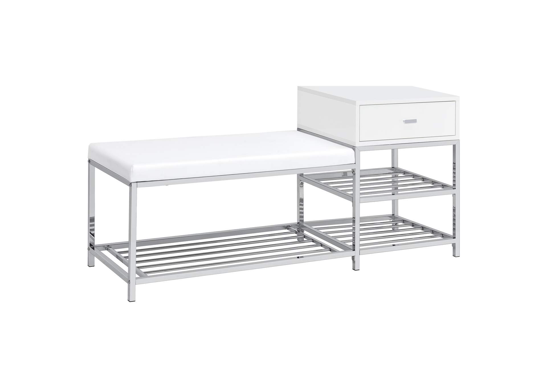 Siega 1-Drawer Shoe Storage Entryway Bench White High Gloss and Chrome image 1