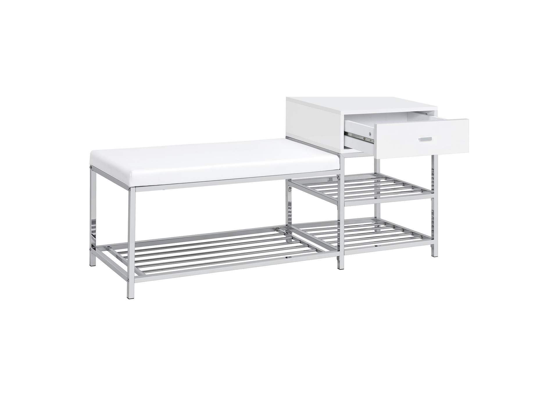 Siega 1-Drawer Shoe Storage Entryway Bench White High Gloss and Chrome image 4