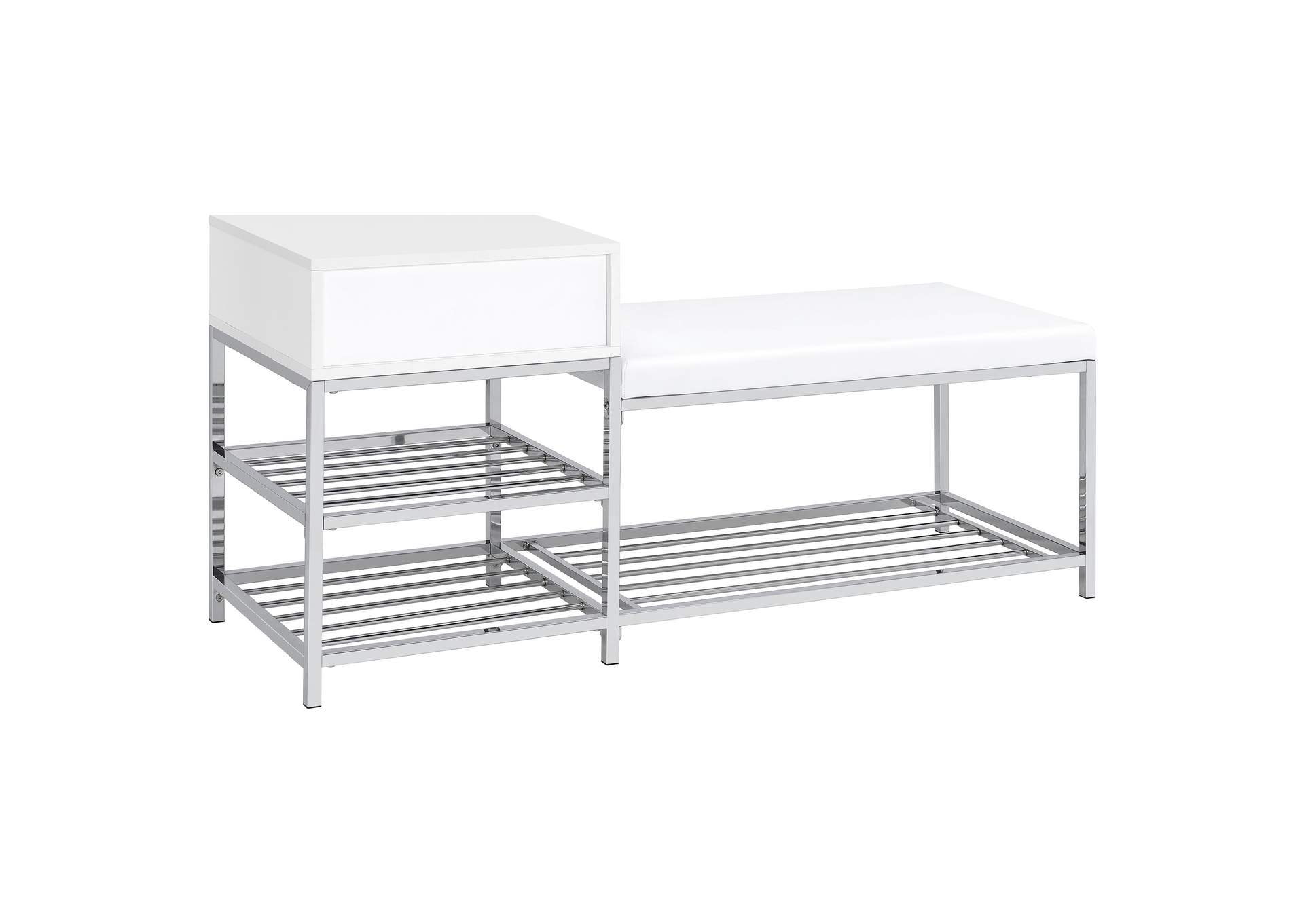 Siega 1-Drawer Shoe Storage Entryway Bench White High Gloss and Chrome image 7