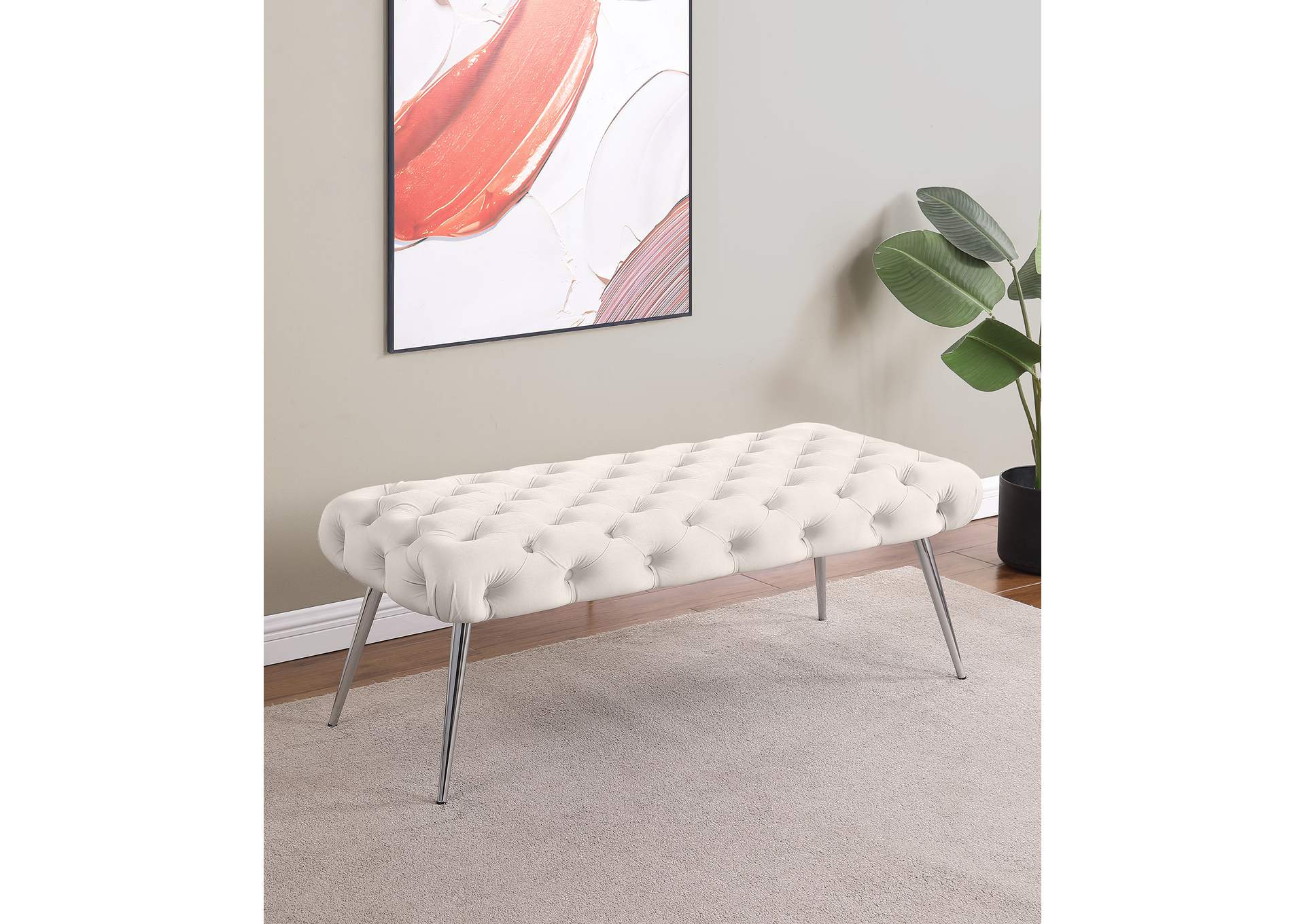 Ella Upholstered Tufted Bench Stainless Steel Legs Ivory