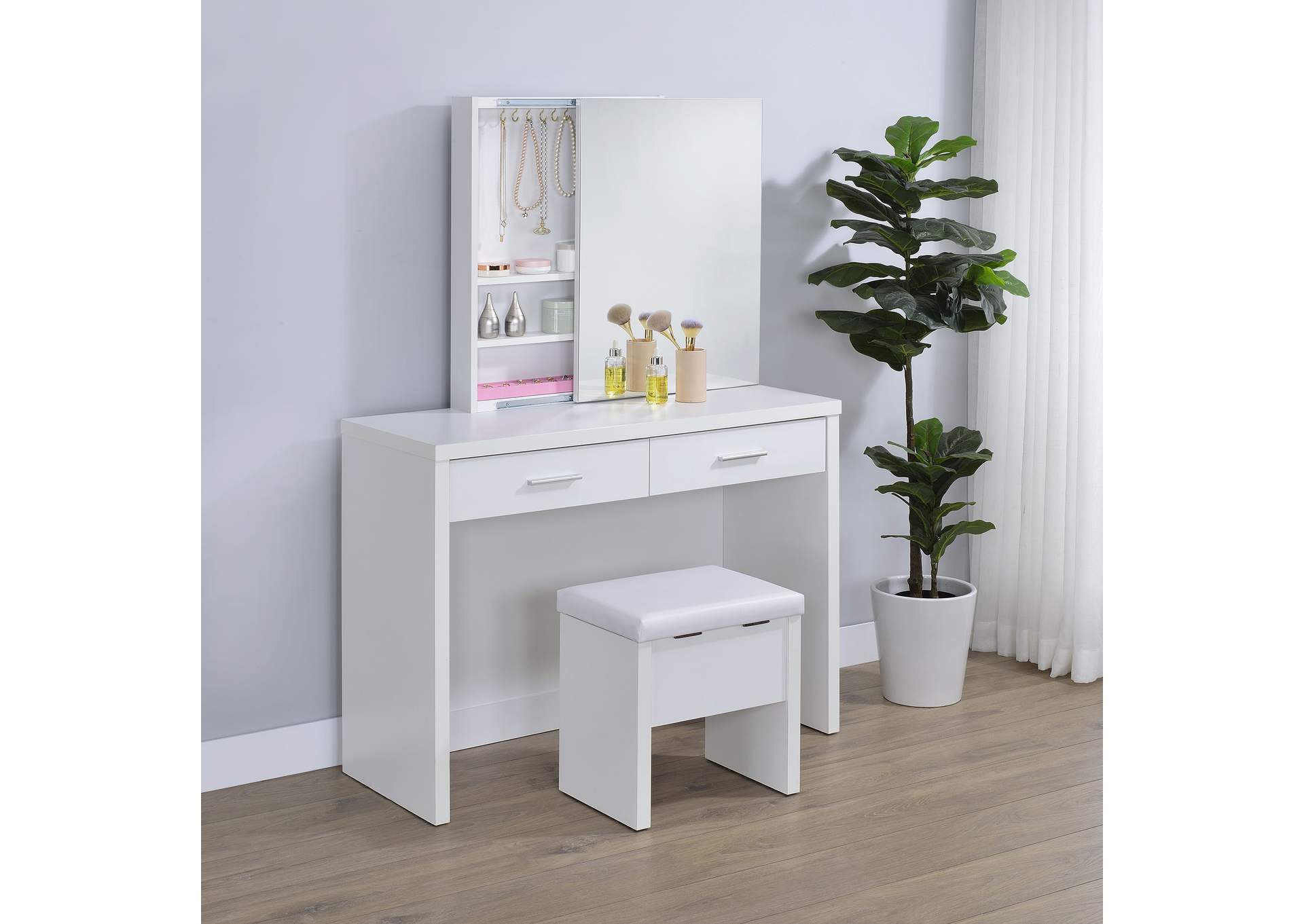 Bunbury Makeup Vanity Table Set Storage Mirror and Stool White image 20