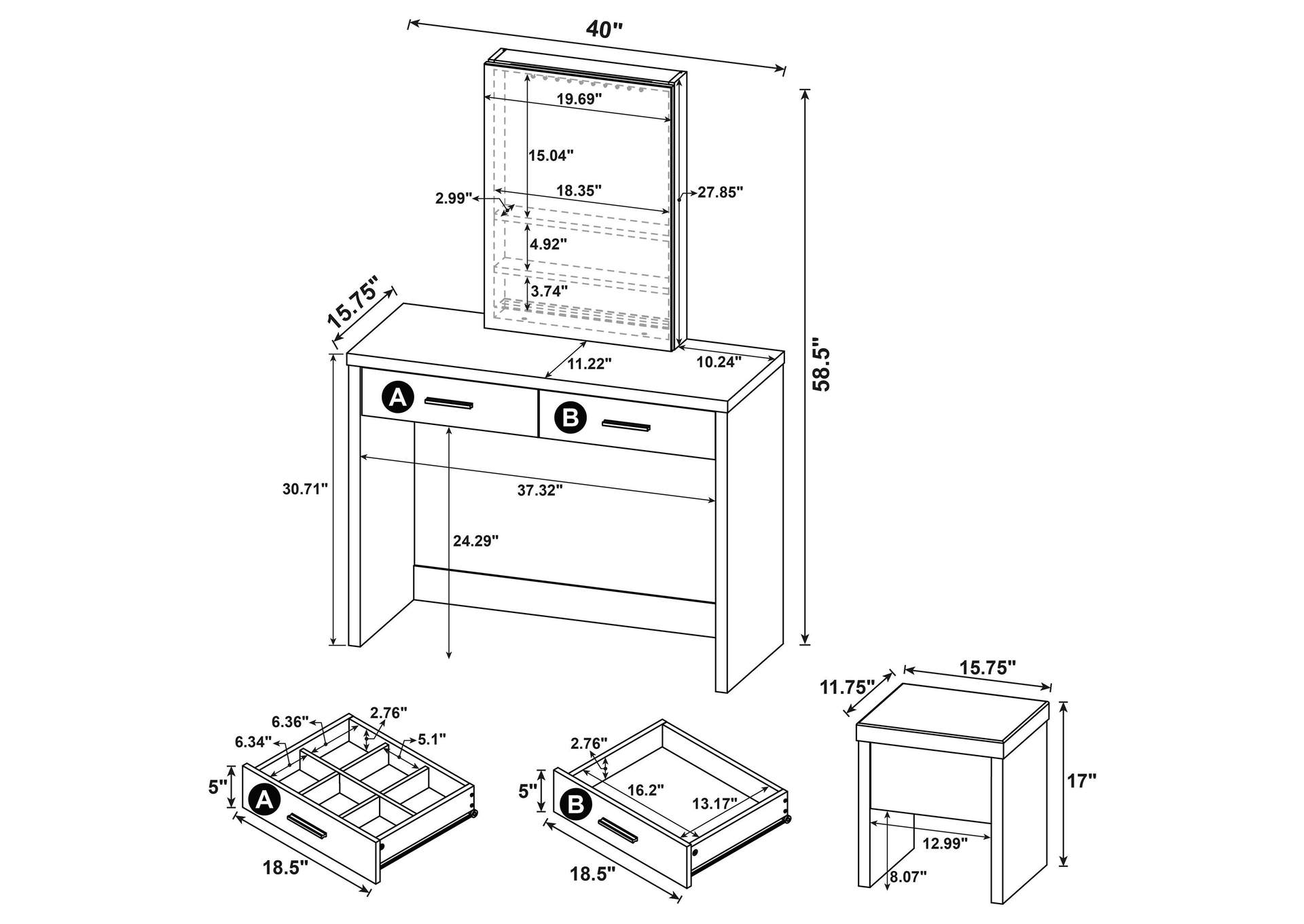 Bunbury Makeup Vanity Table Set Storage Mirror and Stool White image 4