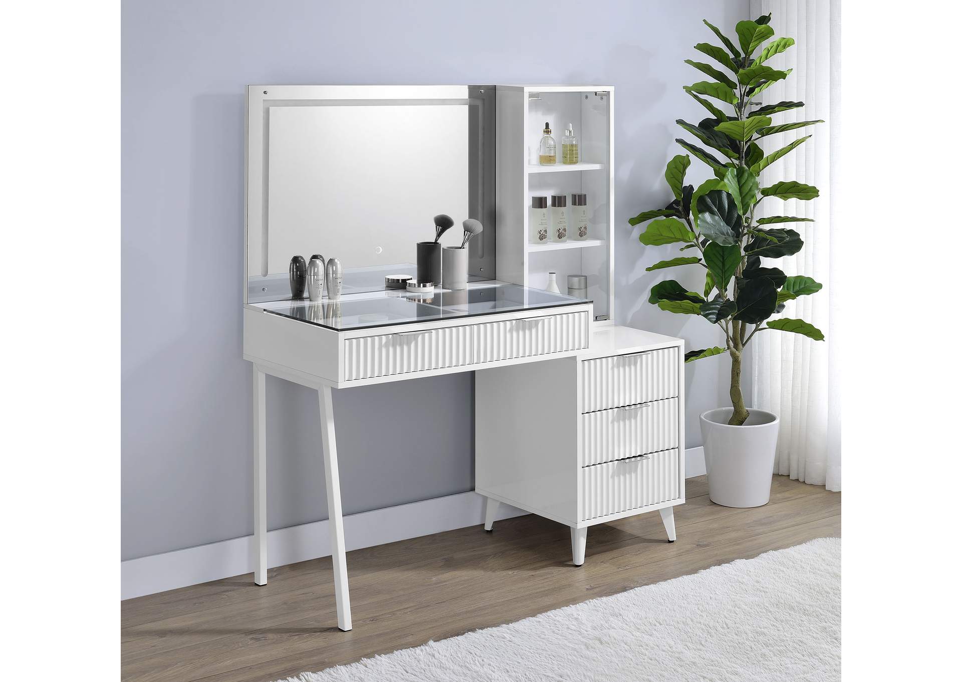 Souza 5-Drawer Makeup Vanity Table With LED Mirror White High Gloss image 3
