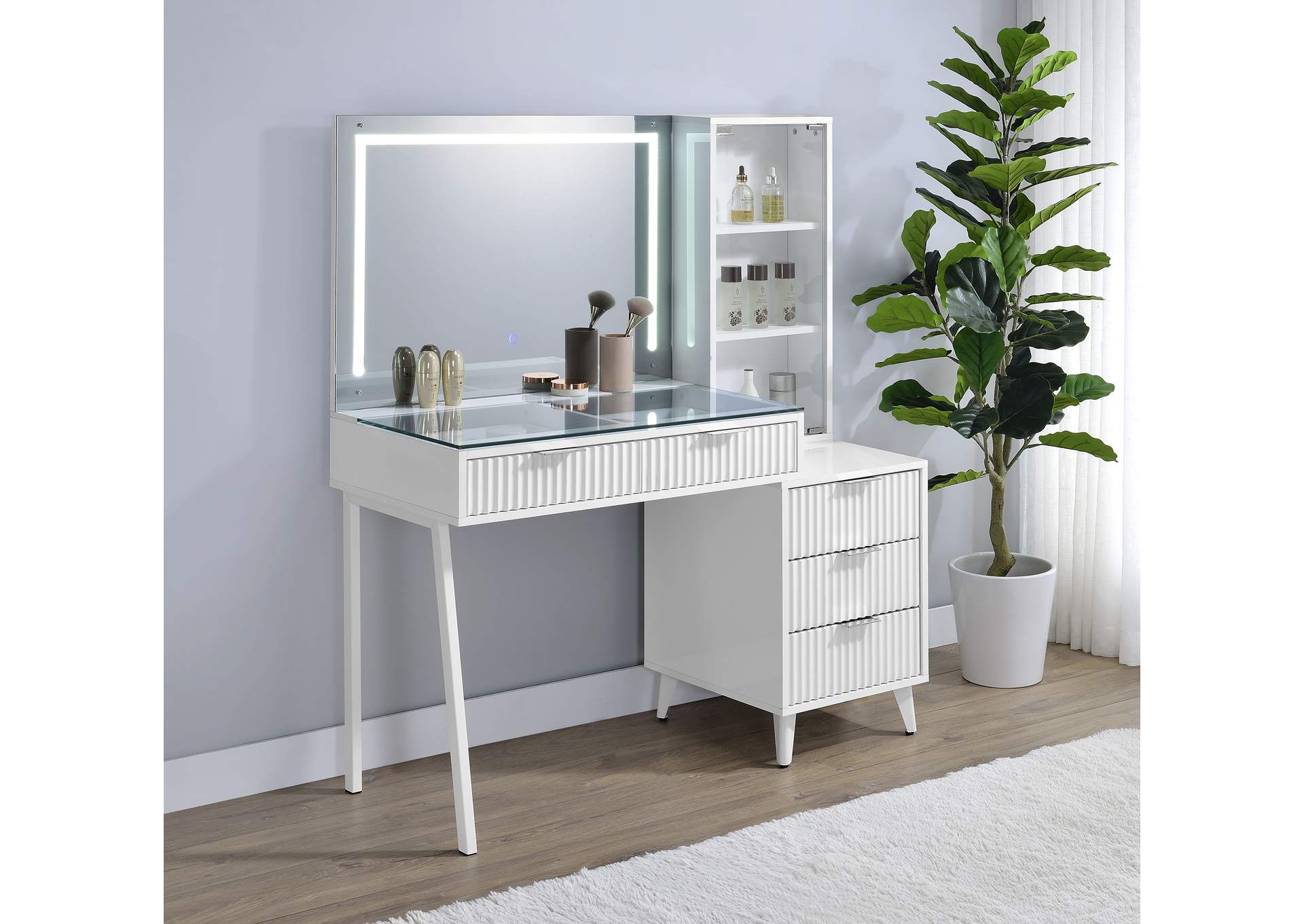Souza 5-Drawer Makeup Vanity Table With LED Mirror White High Gloss image 4