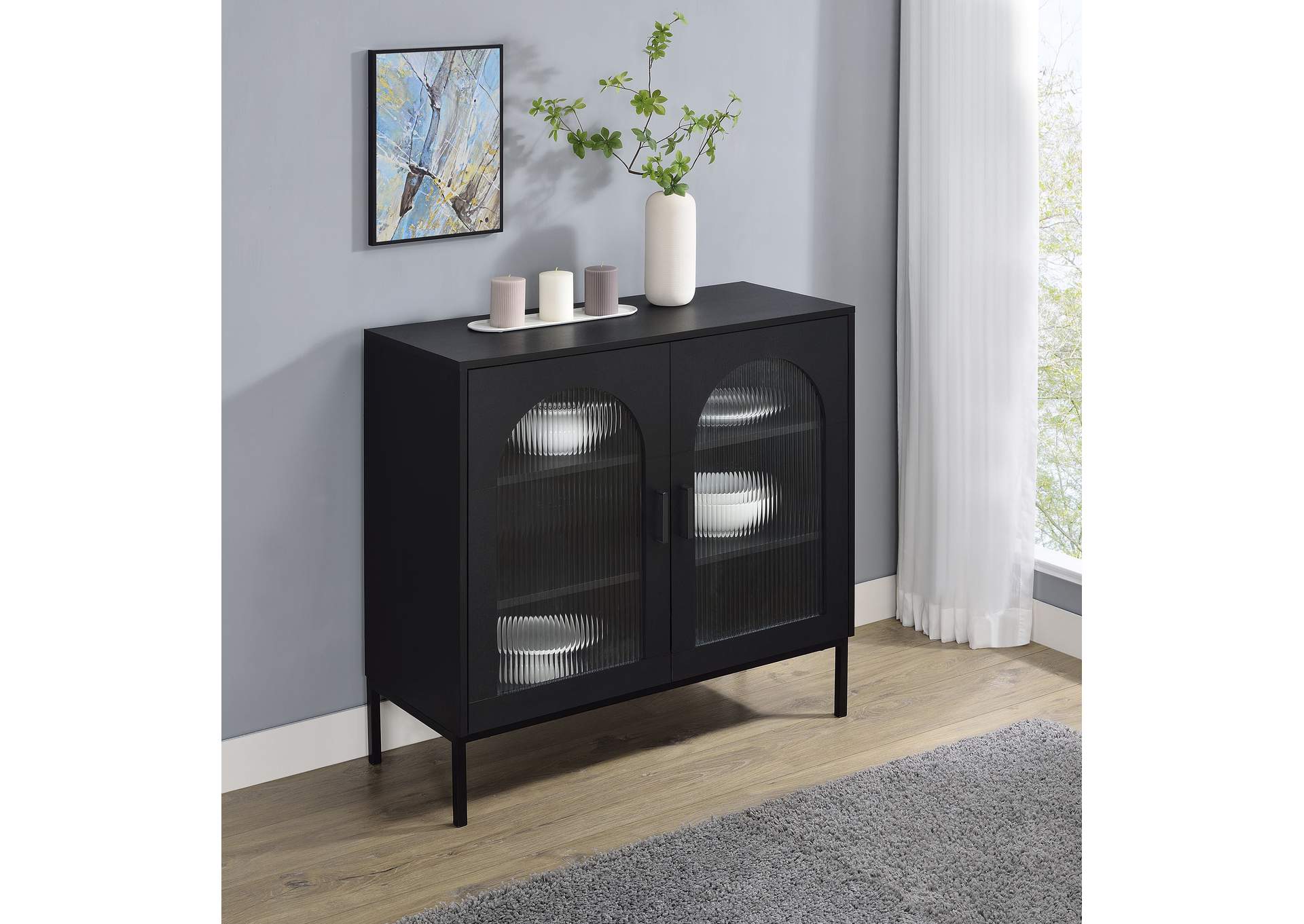 Jess 2-door Arched Fluted Glass Accent Cabinet Black