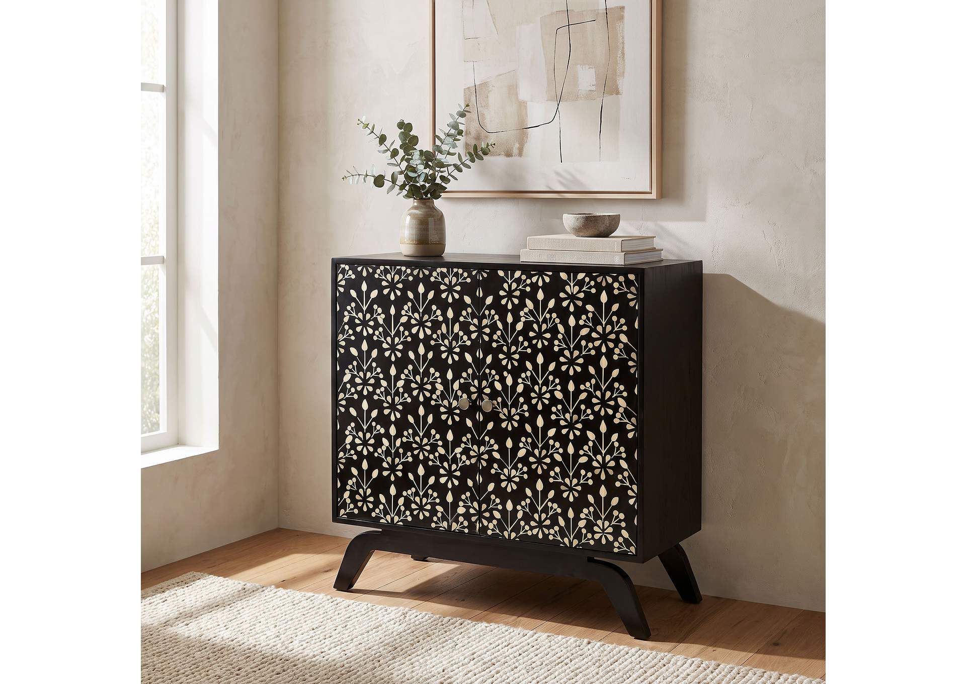 Marlon 2-door Floral Bone Inlay Accent Cabinet Black image 3