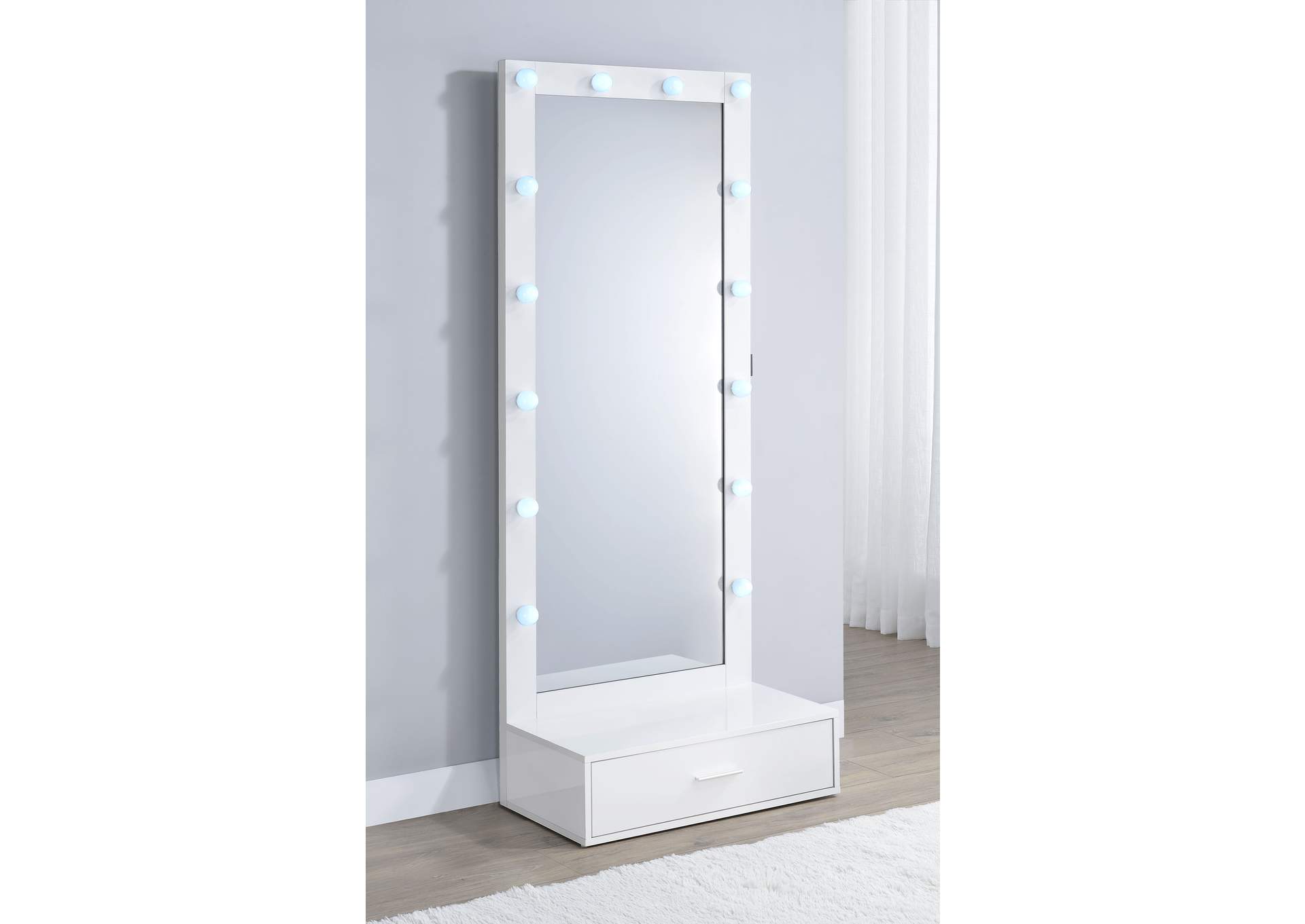 Spector 1-drawer Lighted Full-Length Floor Mirror White High Gloss image 5