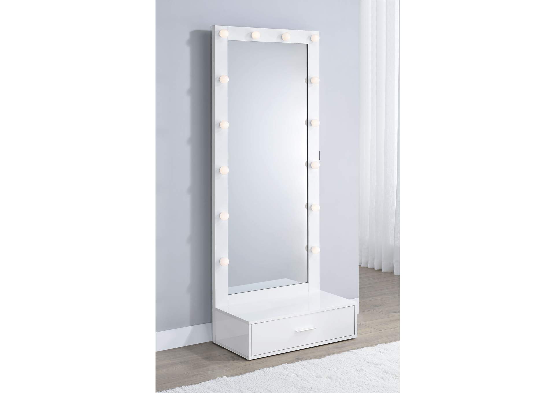 Spector 1-drawer Lighted Full-Length Floor Mirror White High Gloss image 6