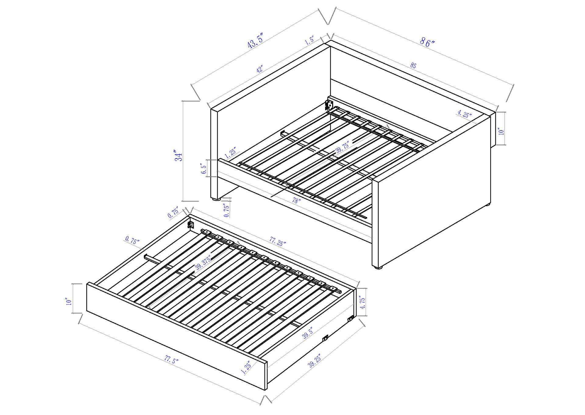 MOLLY DAYBED ARM - LEFT RAILS, SLATS - WHITE AND DOVE