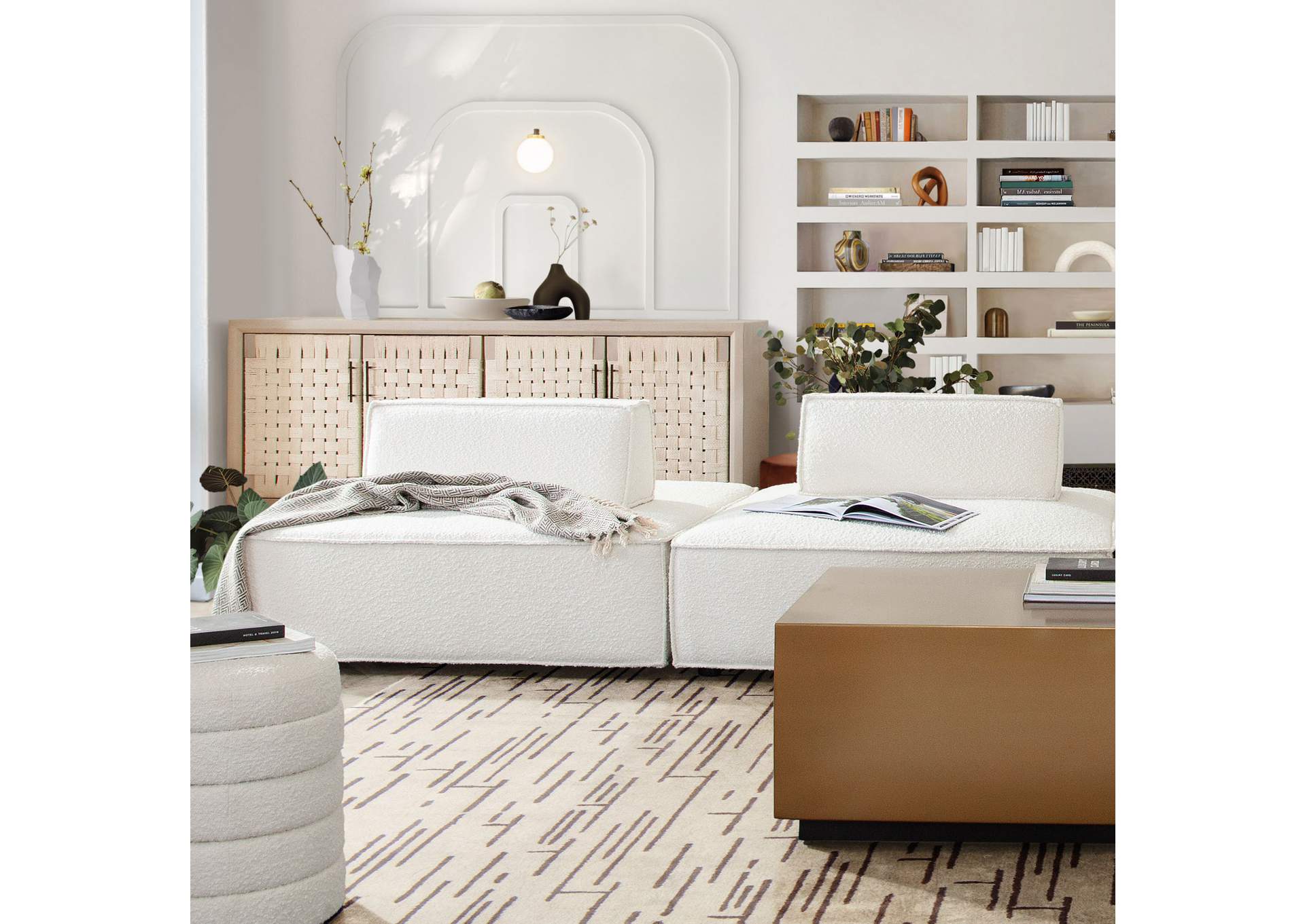 Cara 2-piece Square Modular Lounger In Ivory Boucle Fabric W/ Moveable, Non-skid Backrest image 5