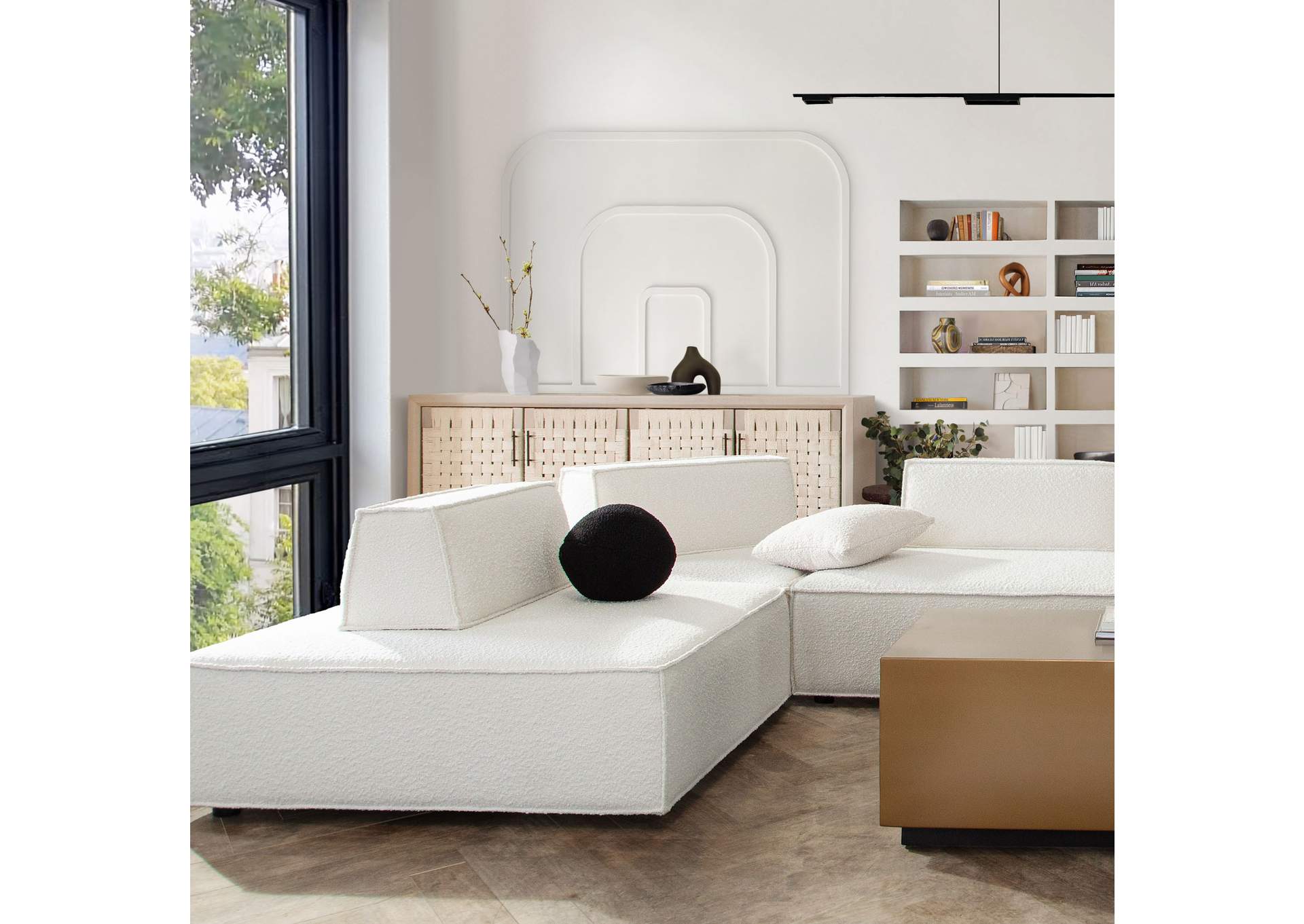 Cara 3-piece Square Modular Lounger In Ivory Boucle Fabric W/ Moveable, Non-skid Backrest image 3