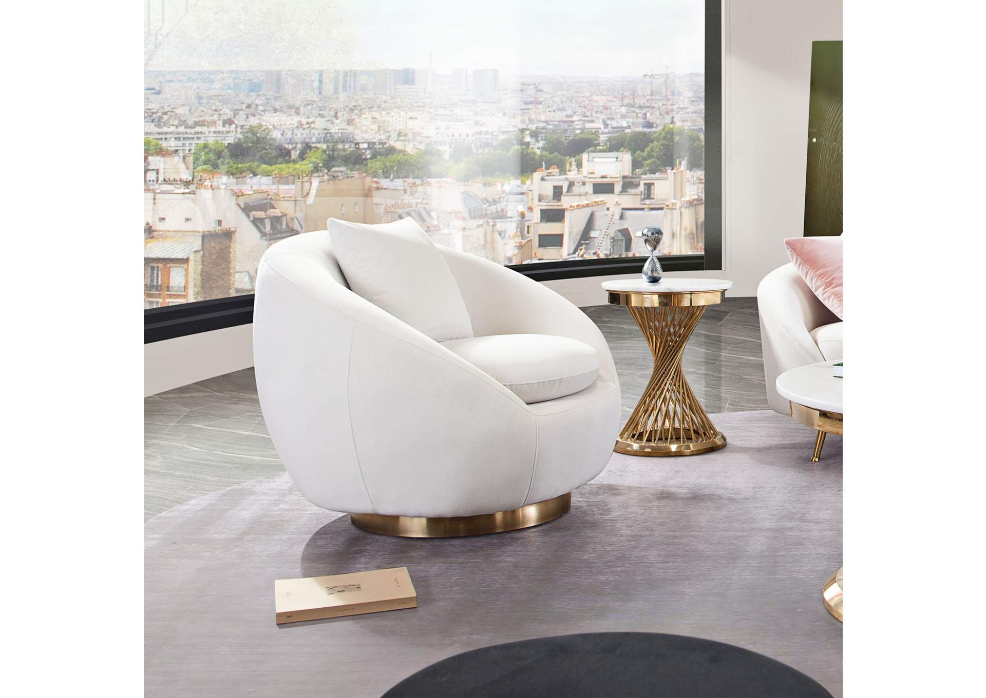 Celine Swivel Accent Chair In Light Cream Velvet W/ Brushed Gold Accent Band image 3