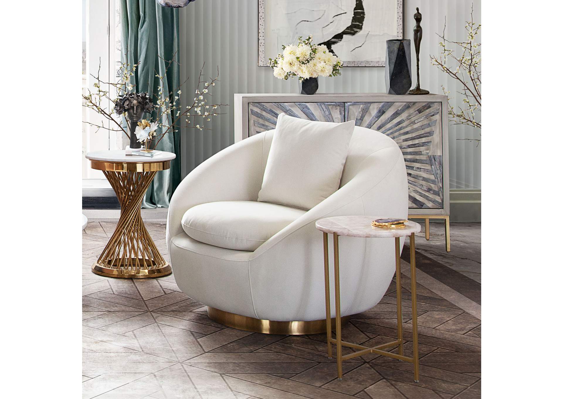 Celine Swivel Accent Chair In Light Cream Velvet W/ Brushed Gold Accent Band image 12