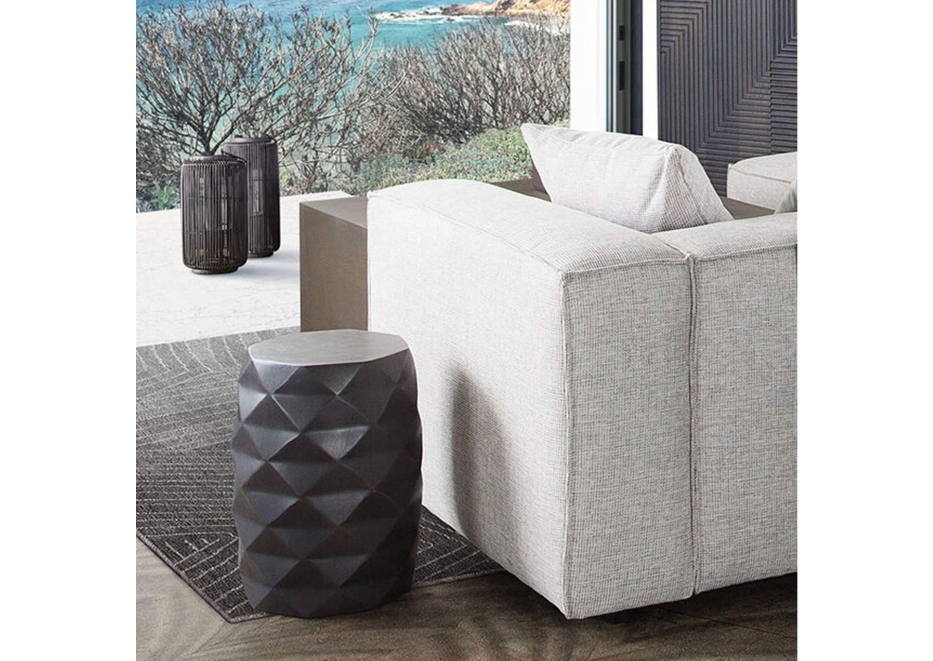 Fig Solid Mango Wood Accent Table In Grey Finish W/ Geometric Motif image 6