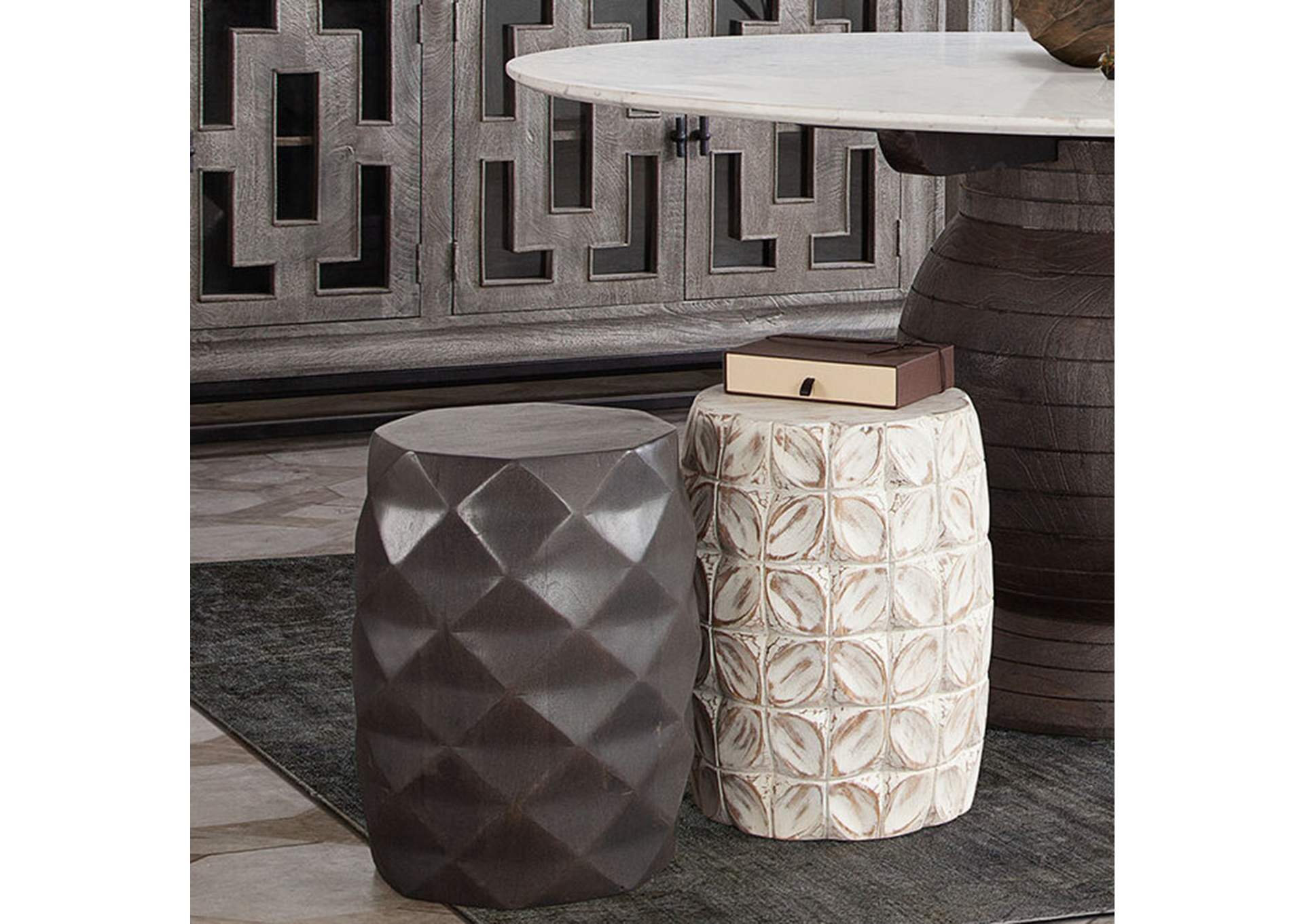Fig Solid Mango Wood Accent Table In Grey Finish W/ Geometric Motif image 7