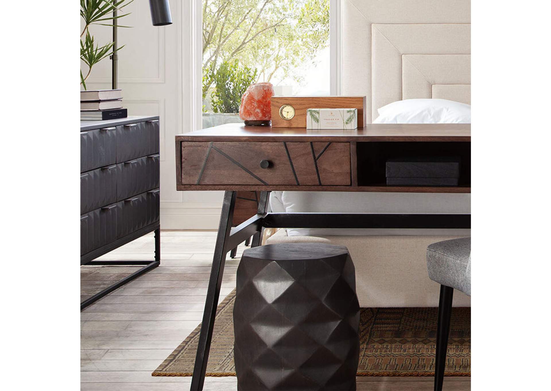Fig Solid Mango Wood Accent Table In Grey Finish W/ Geometric Motif image 8