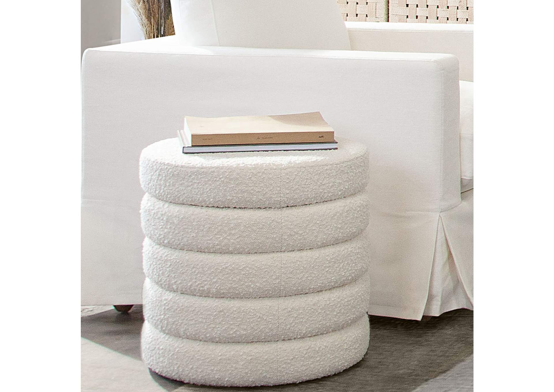 Helix Round Accent Ottoman In Ivory Boucle Fabric image 6