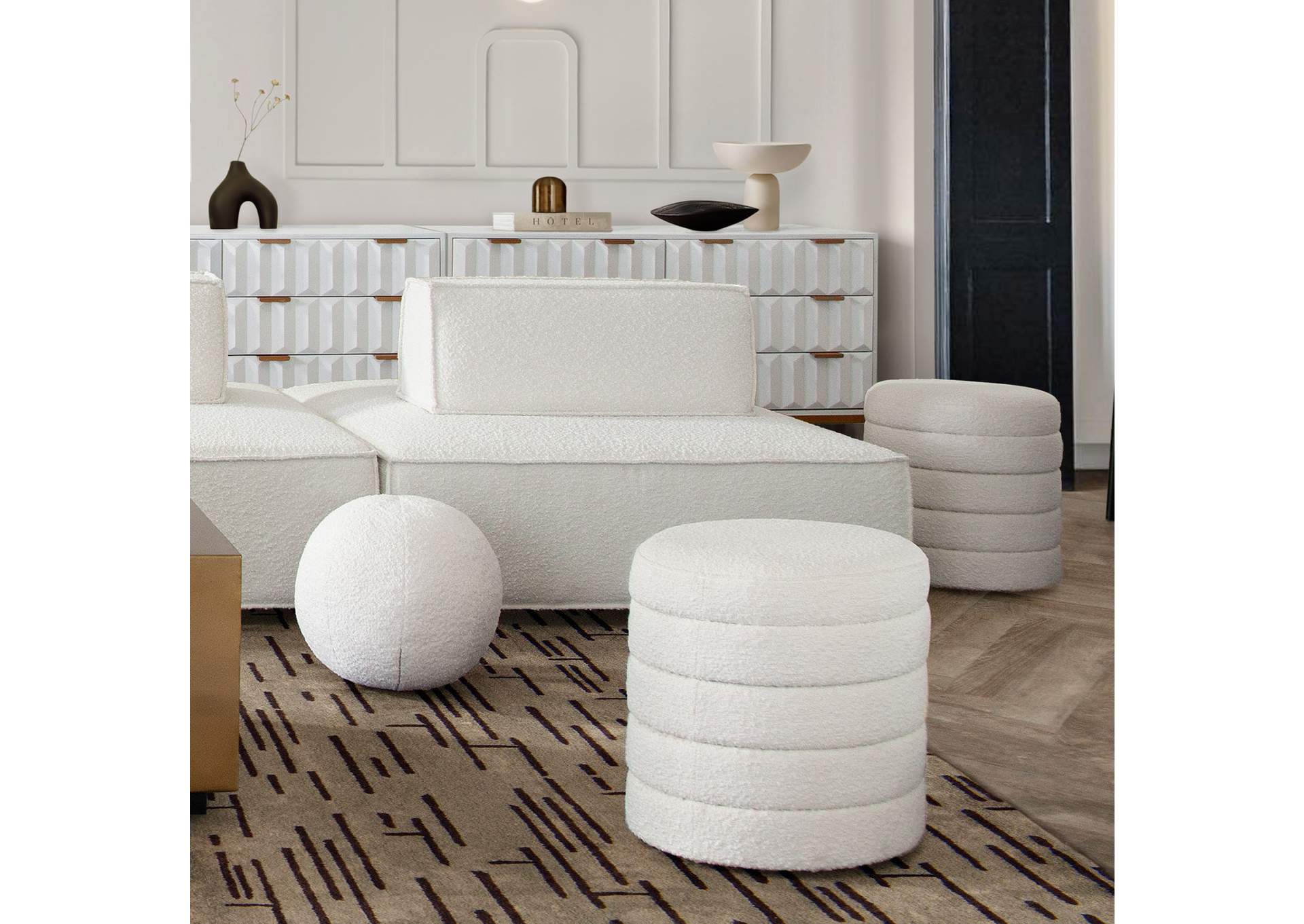 Helix Round Accent Ottoman In Ivory Boucle Fabric image 7