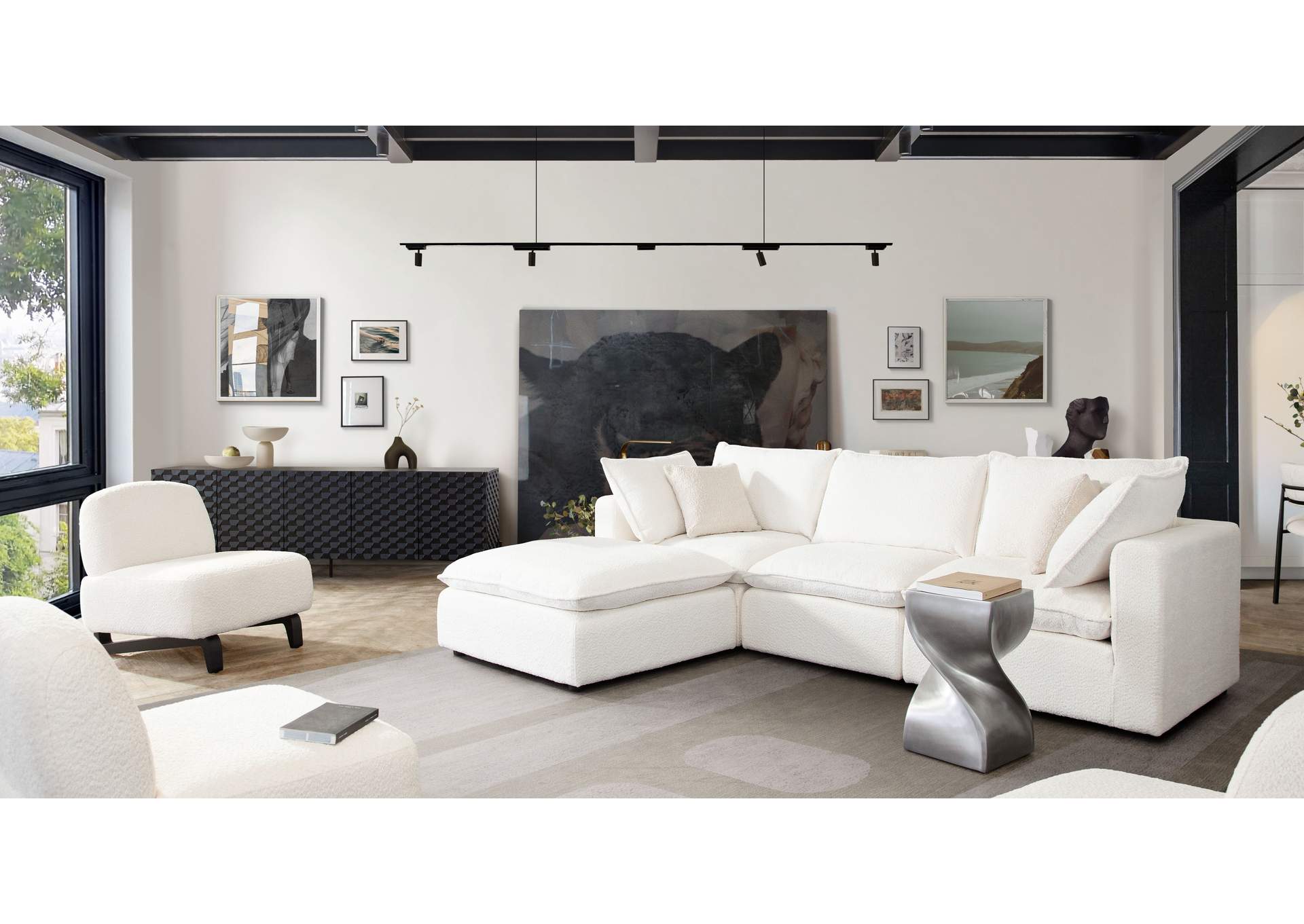 Ivy 4-piece Reversible Modular Chaise Sectional In White Faux Shearling W/ Feather Down Seating image 4