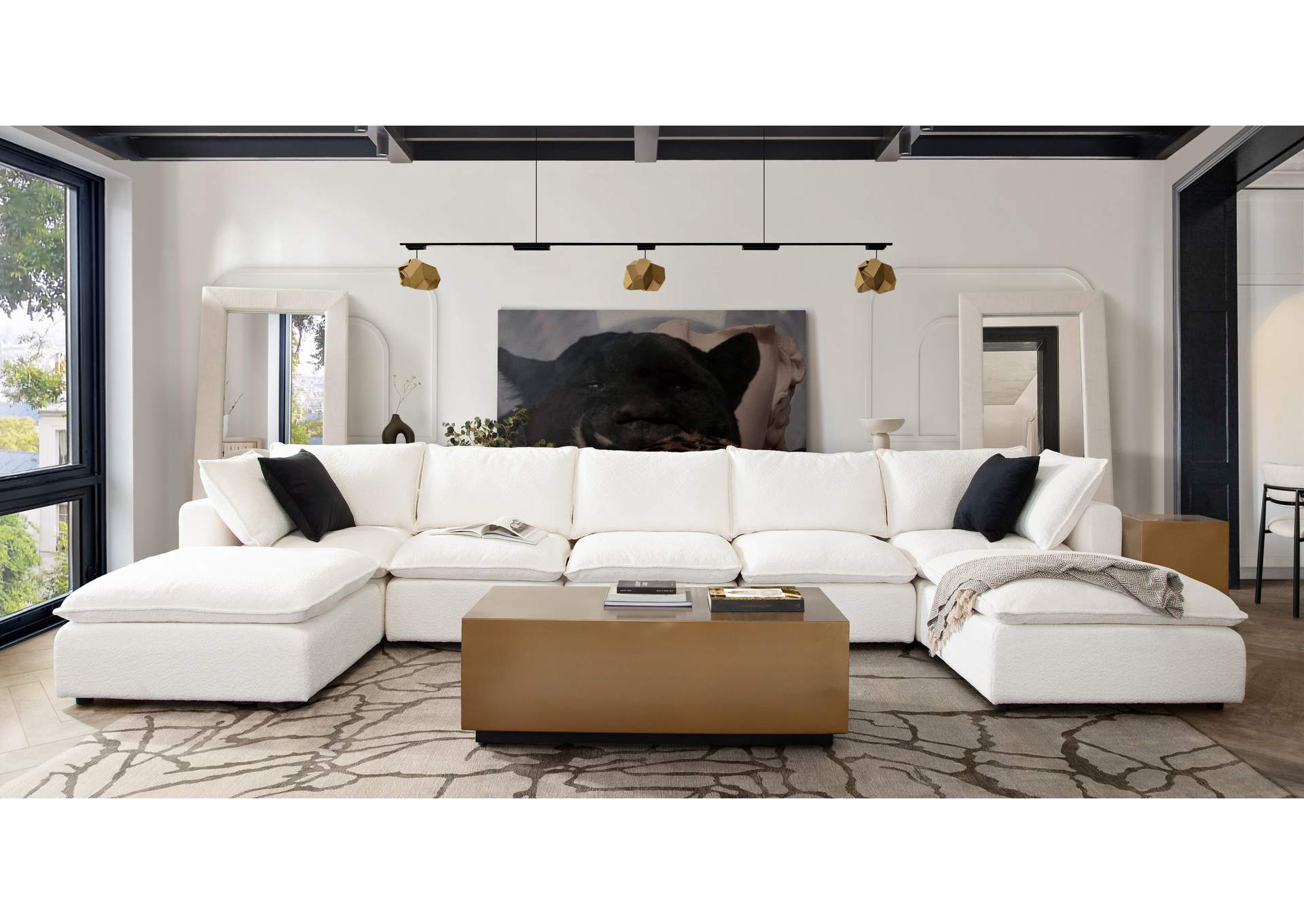 Ivy 7-piece Dual Chaise Sectional In White Faux Shearling W/ Feather Down Seating image 7