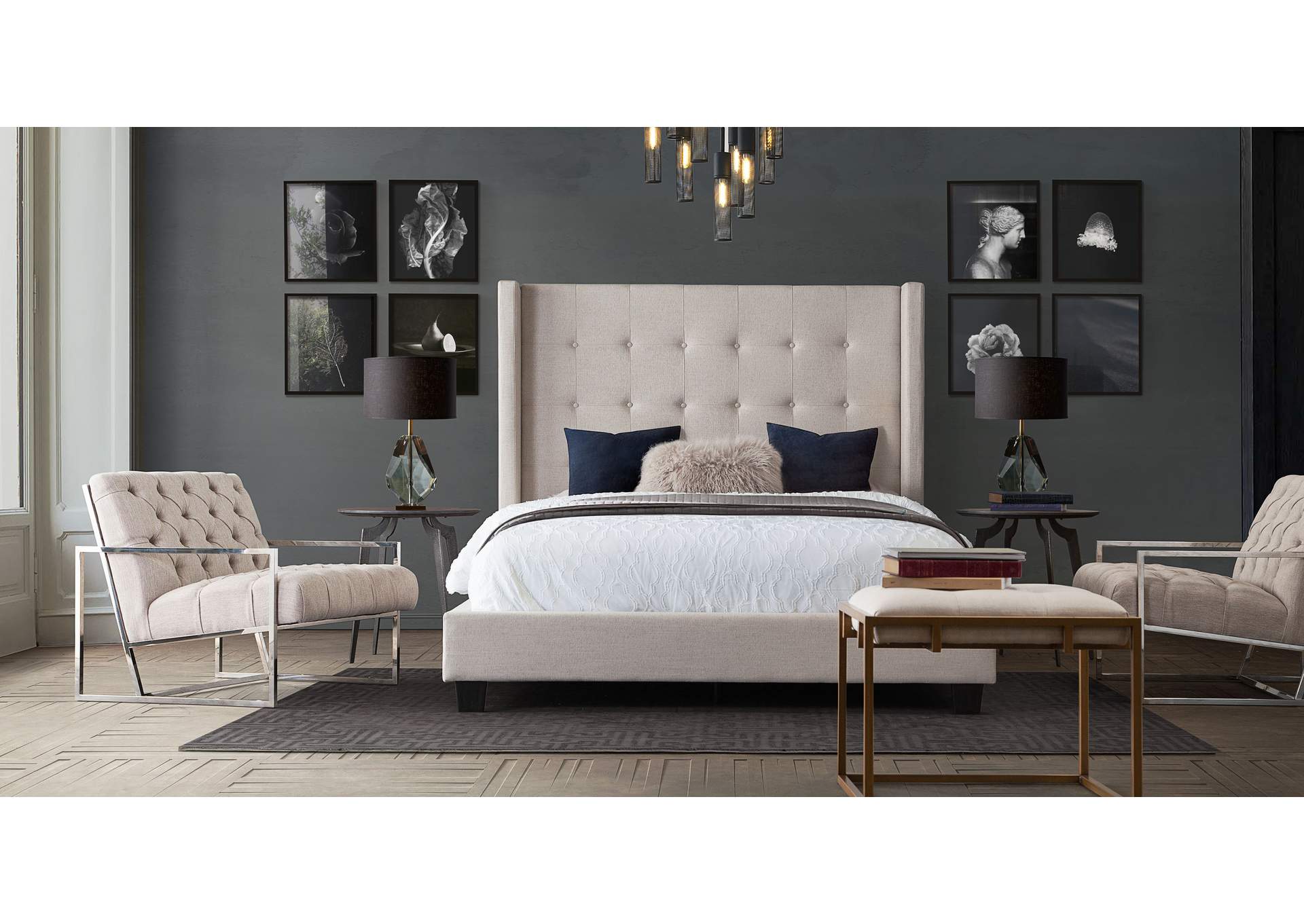 Madison Ave Tufted Wing Queen Bed In Sand Button Tufted Fabric image 8