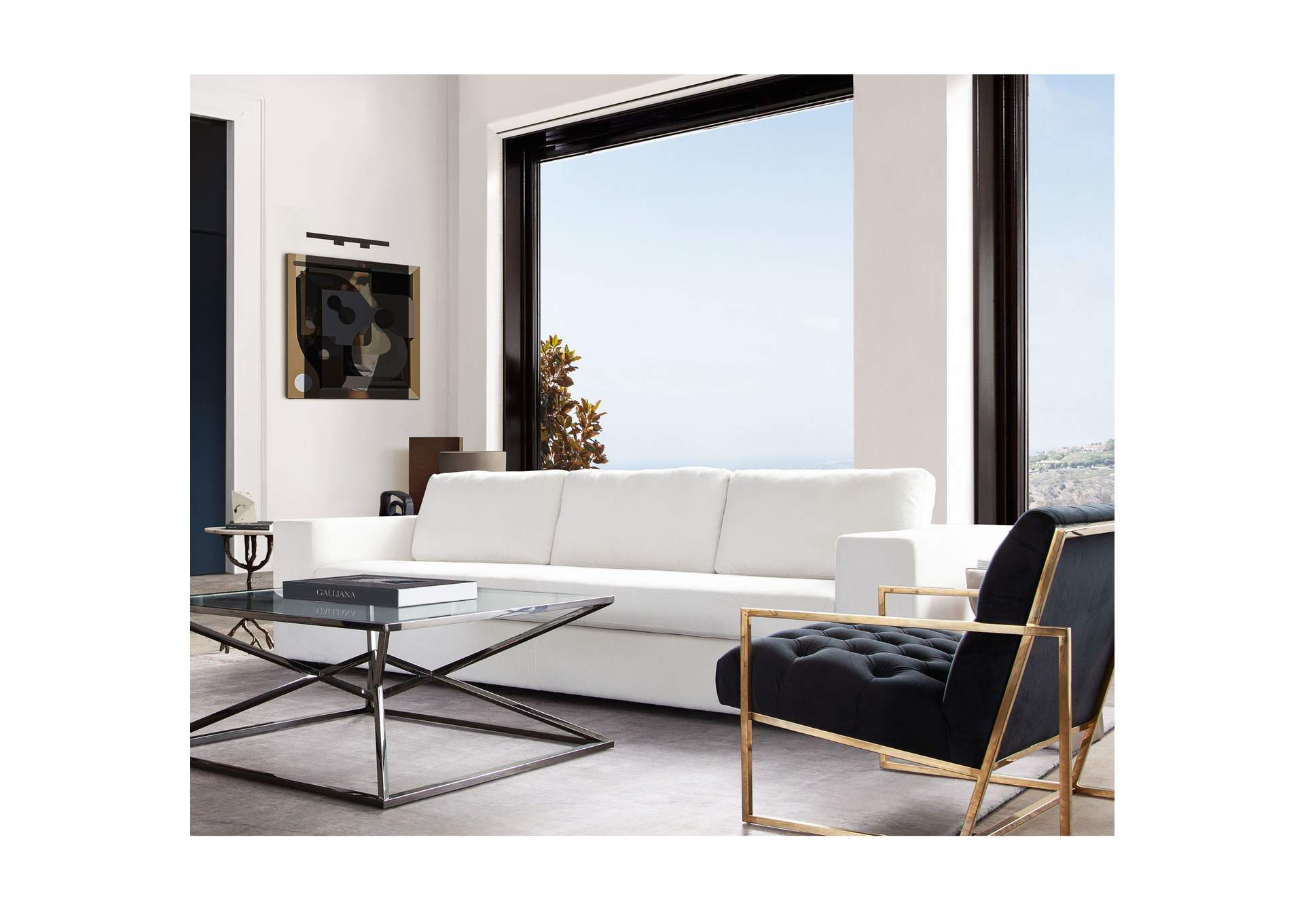 Muse Sofa In Mist White Performance Fabric W/ (4) Black Accent Pillows image 5