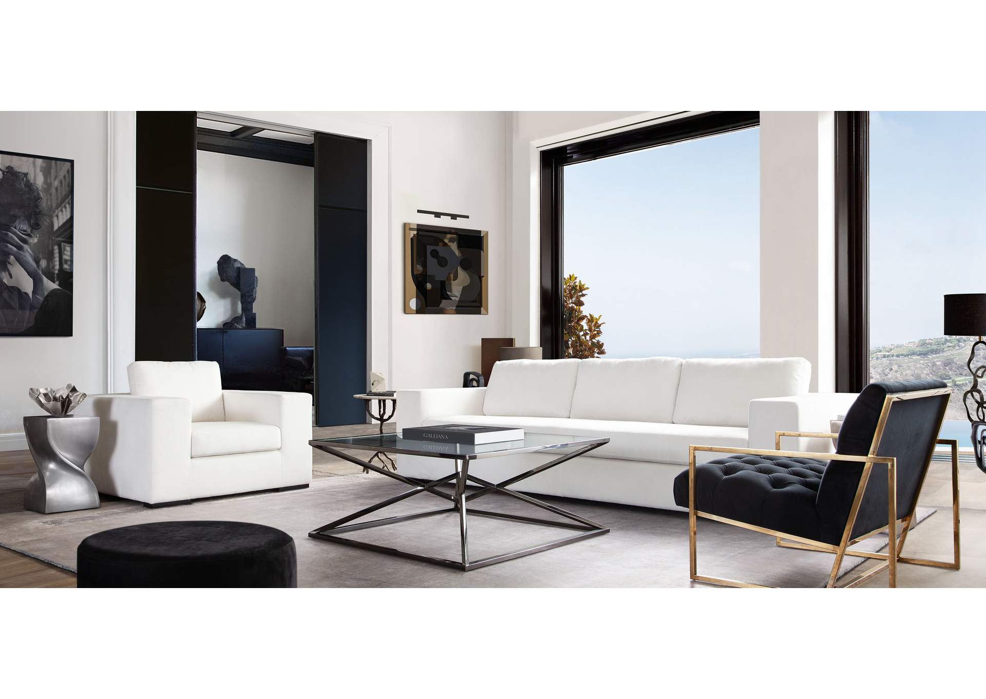 Muse Sofa In Mist White Performance Fabric W/ (4) Black Accent Pillows image 6