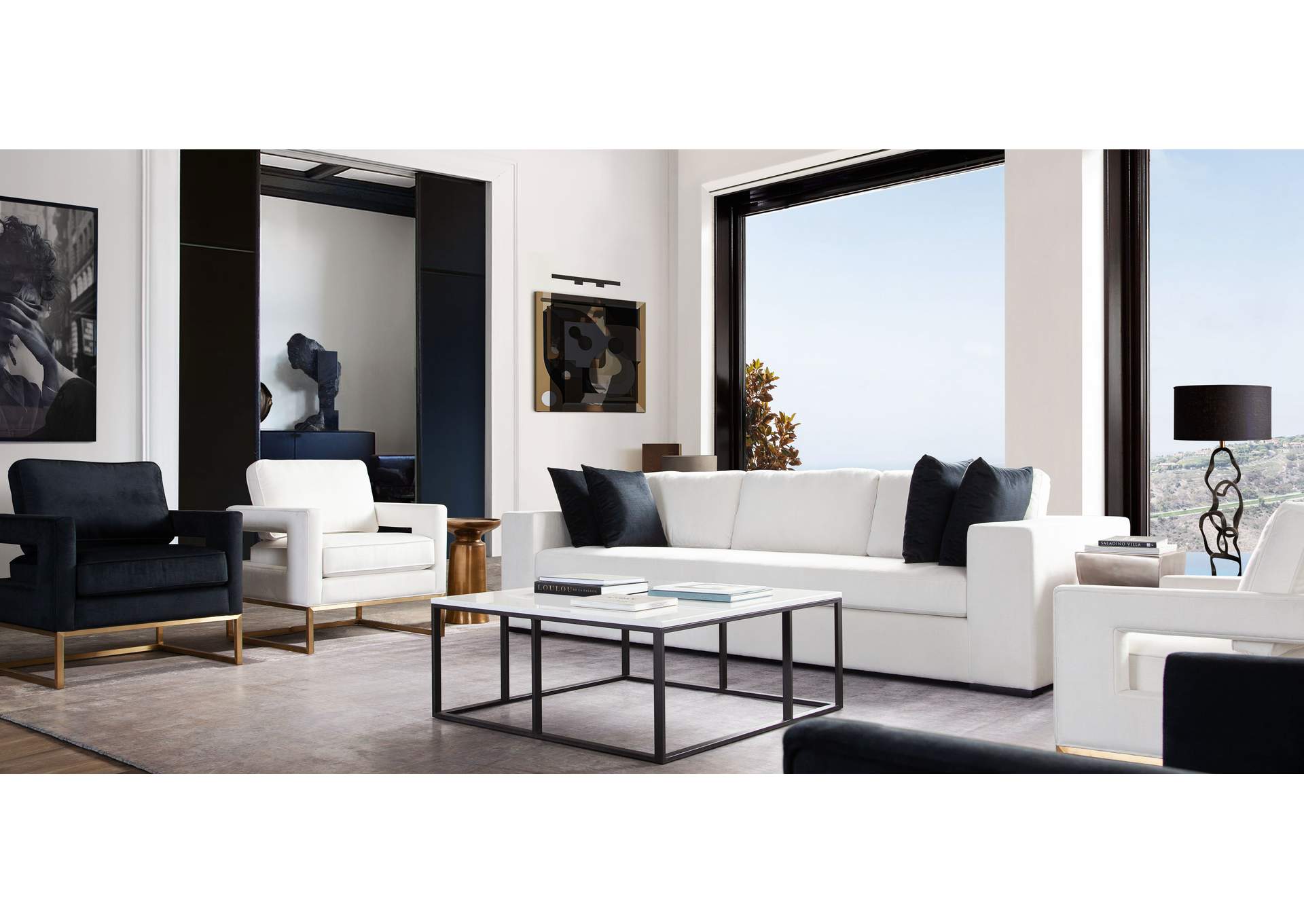 Muse Sofa In Mist White Performance Fabric W/ (4) Black Accent Pillows image 7