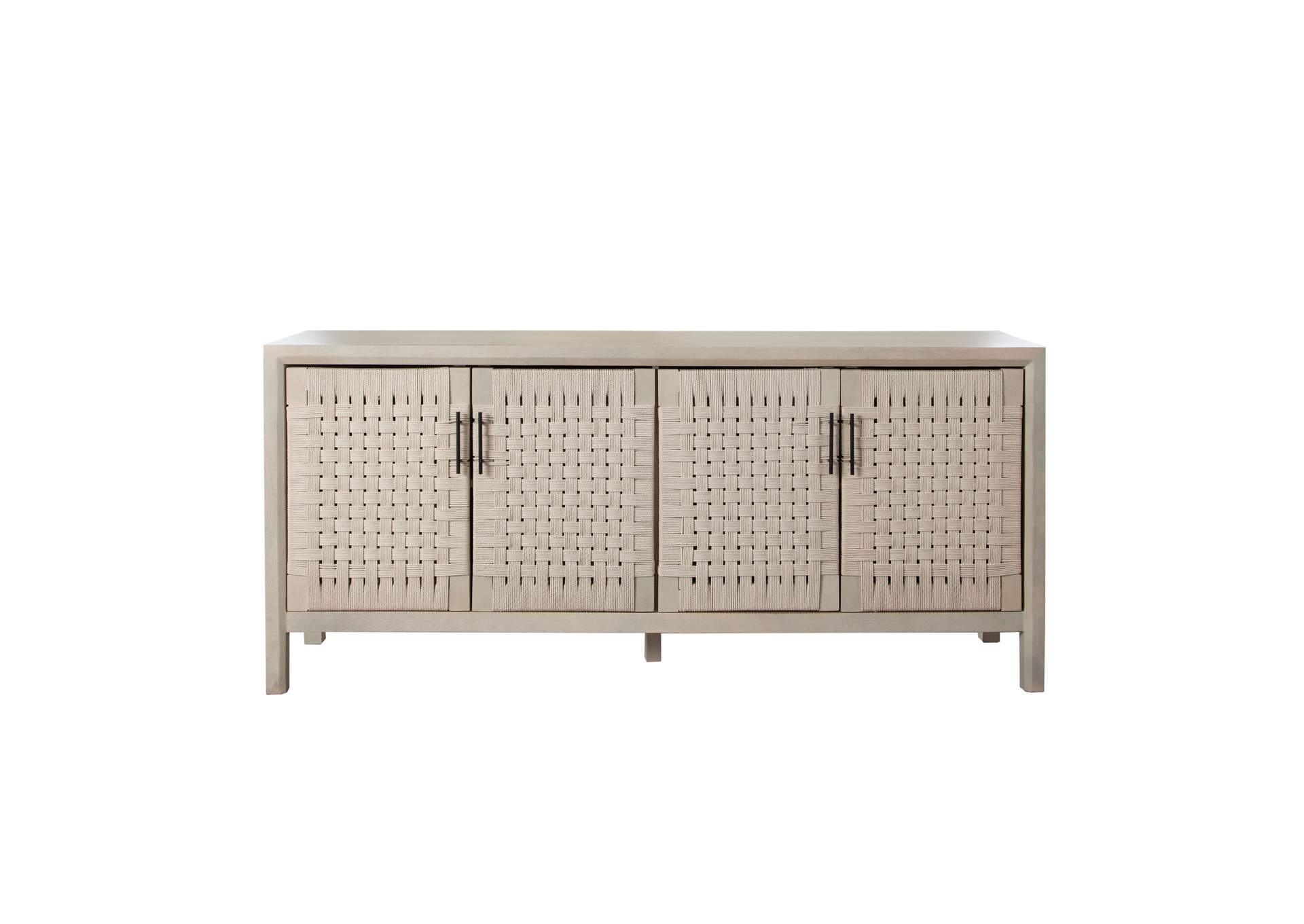 Palm Solid Mango Wood 4-door Sideboard In Natural Finish W/ Woven Rope Door Fronts image 1