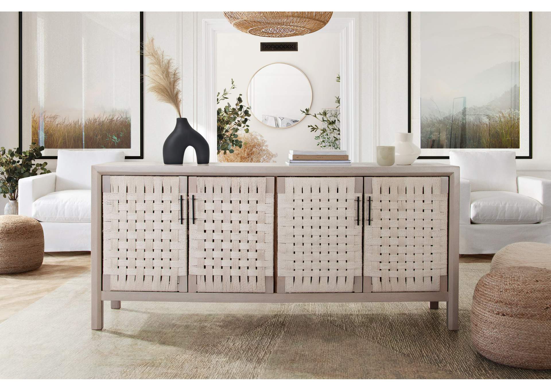 Palm Solid Mango Wood 4-door Sideboard In Natural Finish W/ Woven Rope Door Fronts image 3